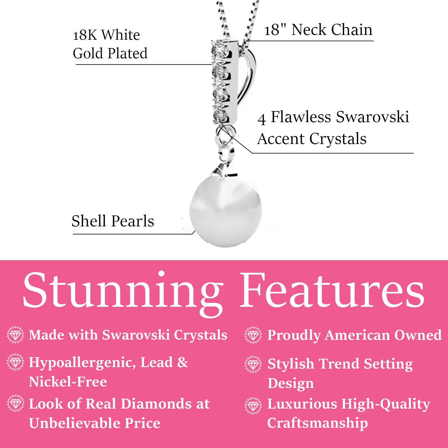 Gabrielle 18k White Gold Pearl Drop Pendant Necklace with Swarovski Crystals