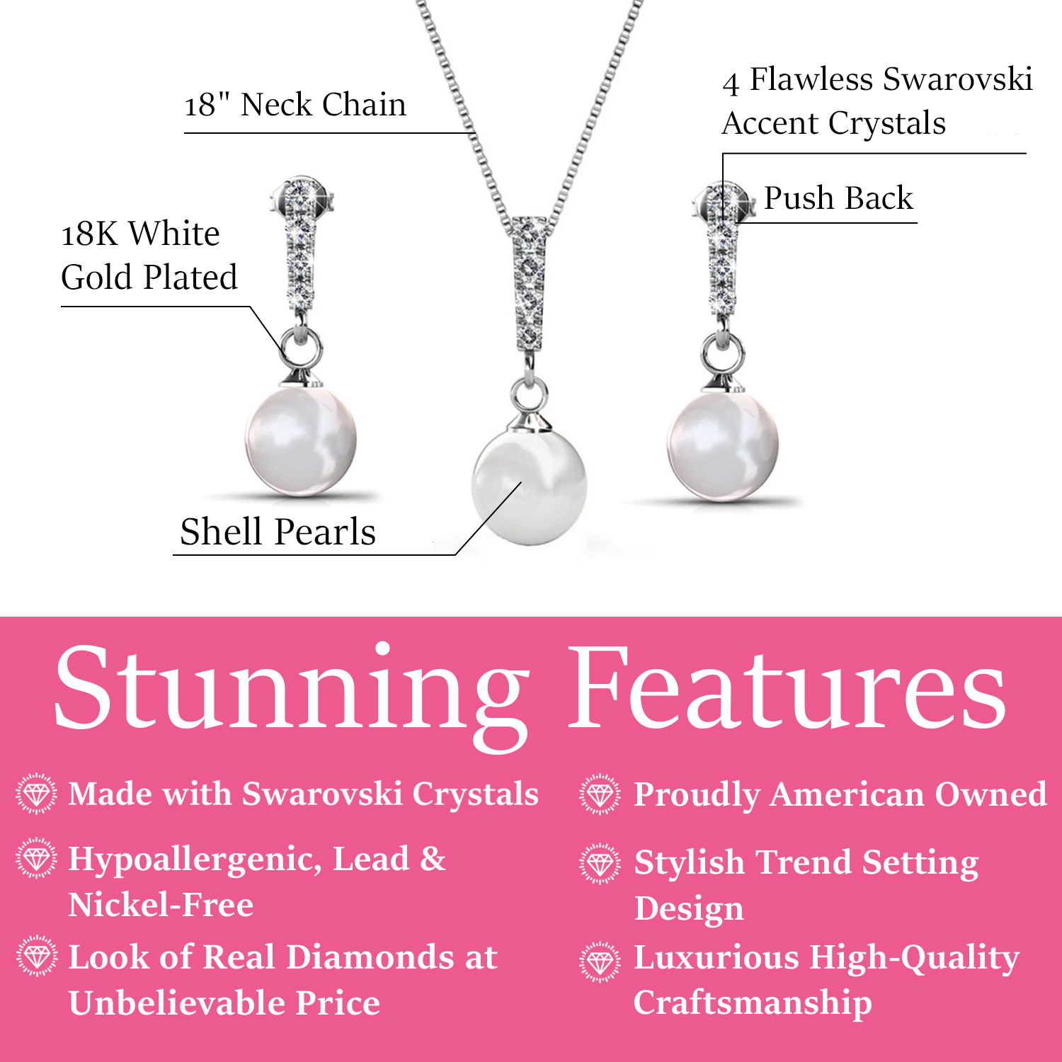 Gabrielle 18k White Gold Plated Pearl Drop Earrings and Necklace Jewelry Set with Swarovski Crystals