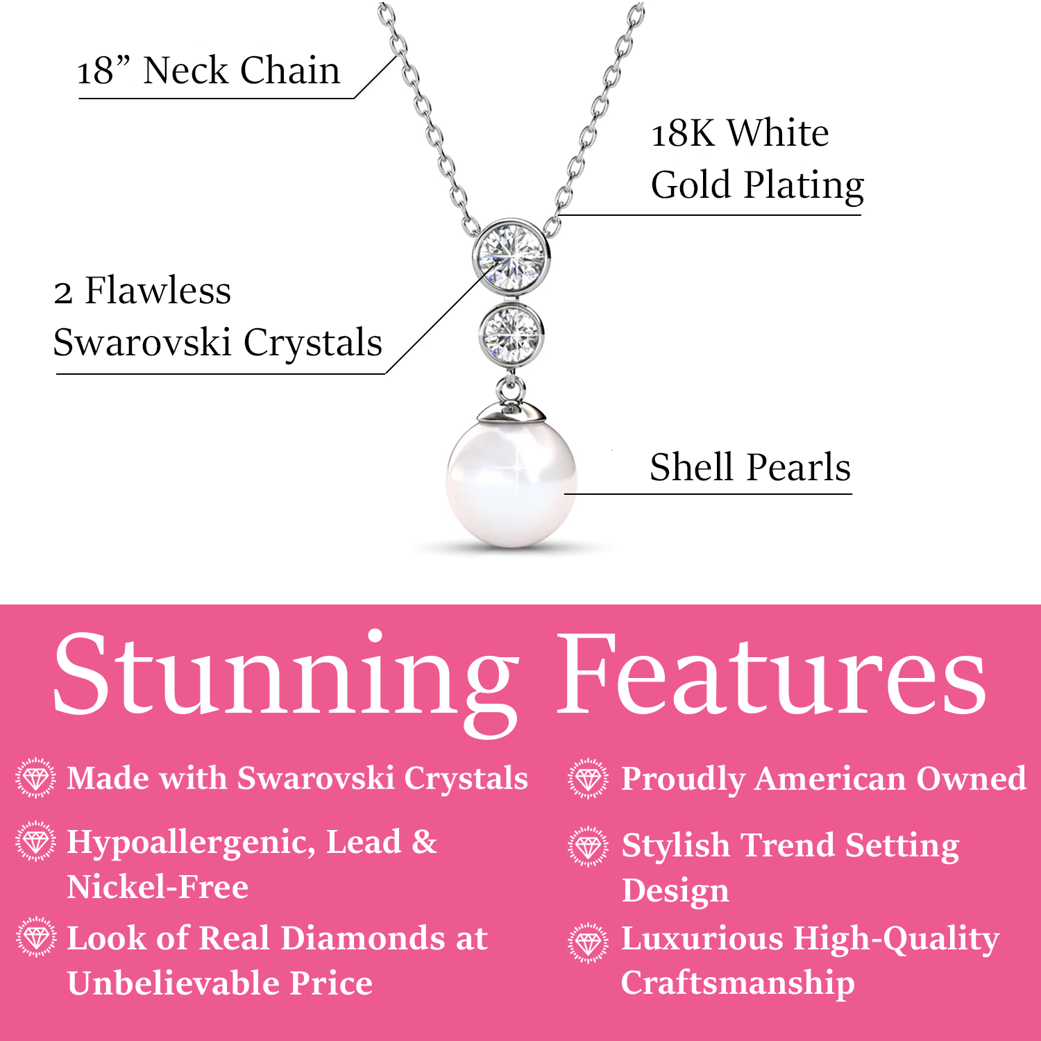 Genevieve 18k White Gold Plated Pearl Pendant Necklace with Swarovski Crystals