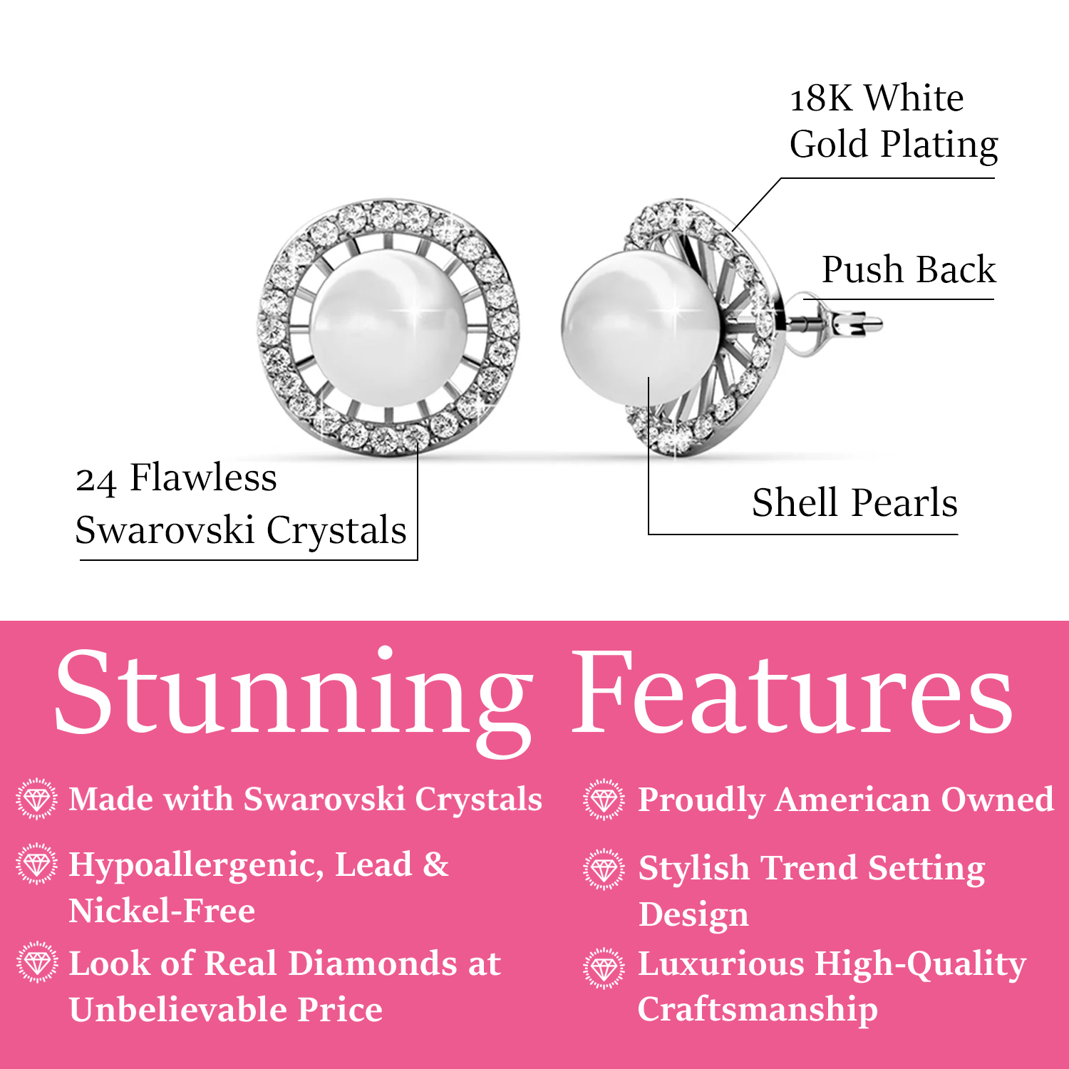 Nina 18k White Gold Classic Pearl Stud Earrings with Swarovski Crystal Halo