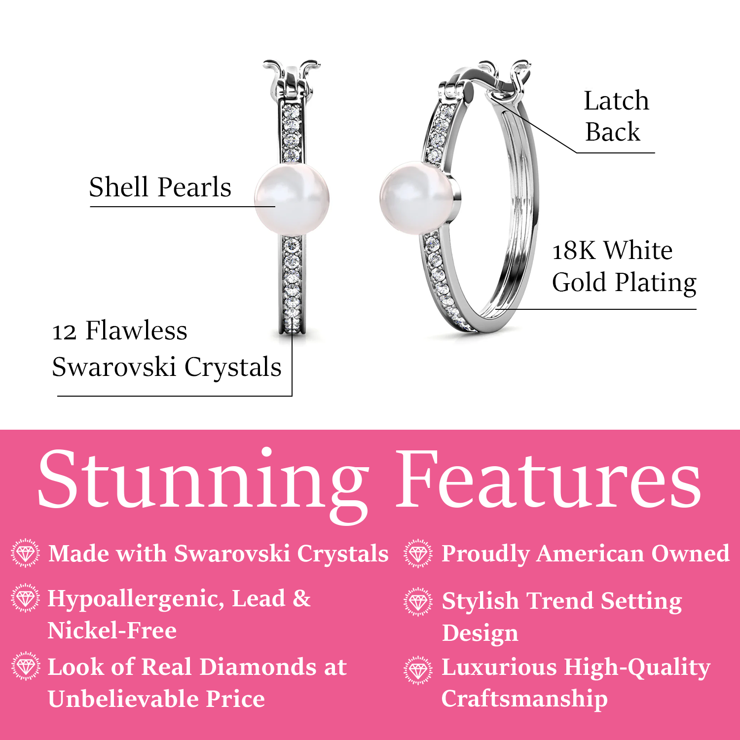 Nyla 18k White Gold Plated Pearl Hoop Earrings with Swarovski Crystals for Women