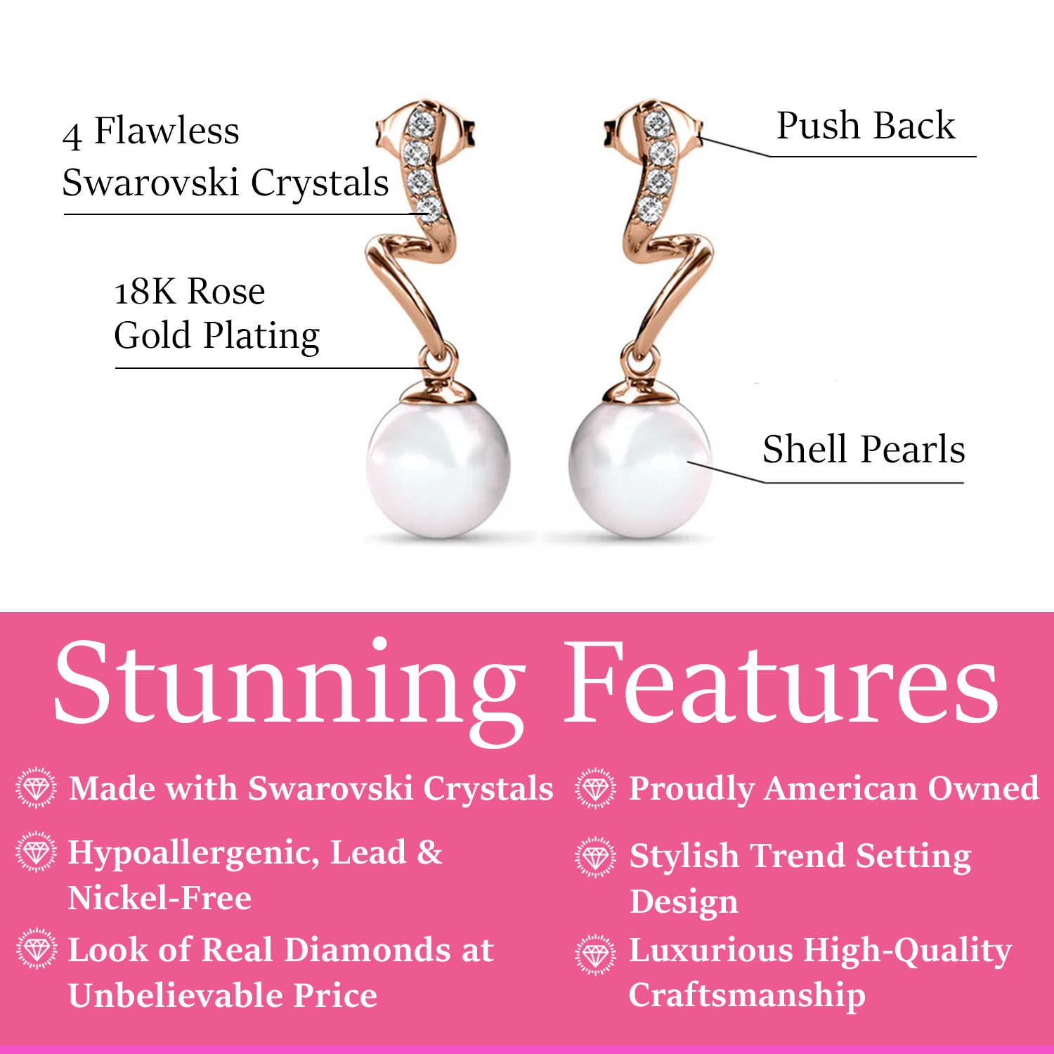 Ophelia 18k White Gold Plated Drop Pearl Earrings with Swarovski Crystals