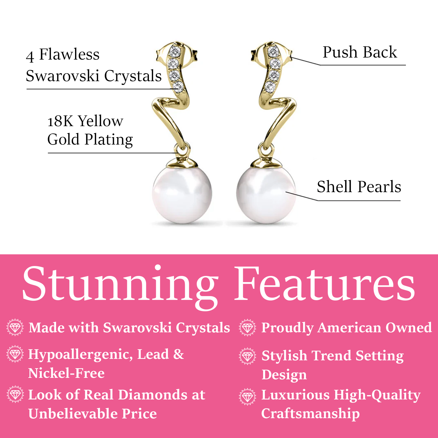 Ophelia 18k White Gold Plated Drop Pearl Earrings with Swarovski Crystals