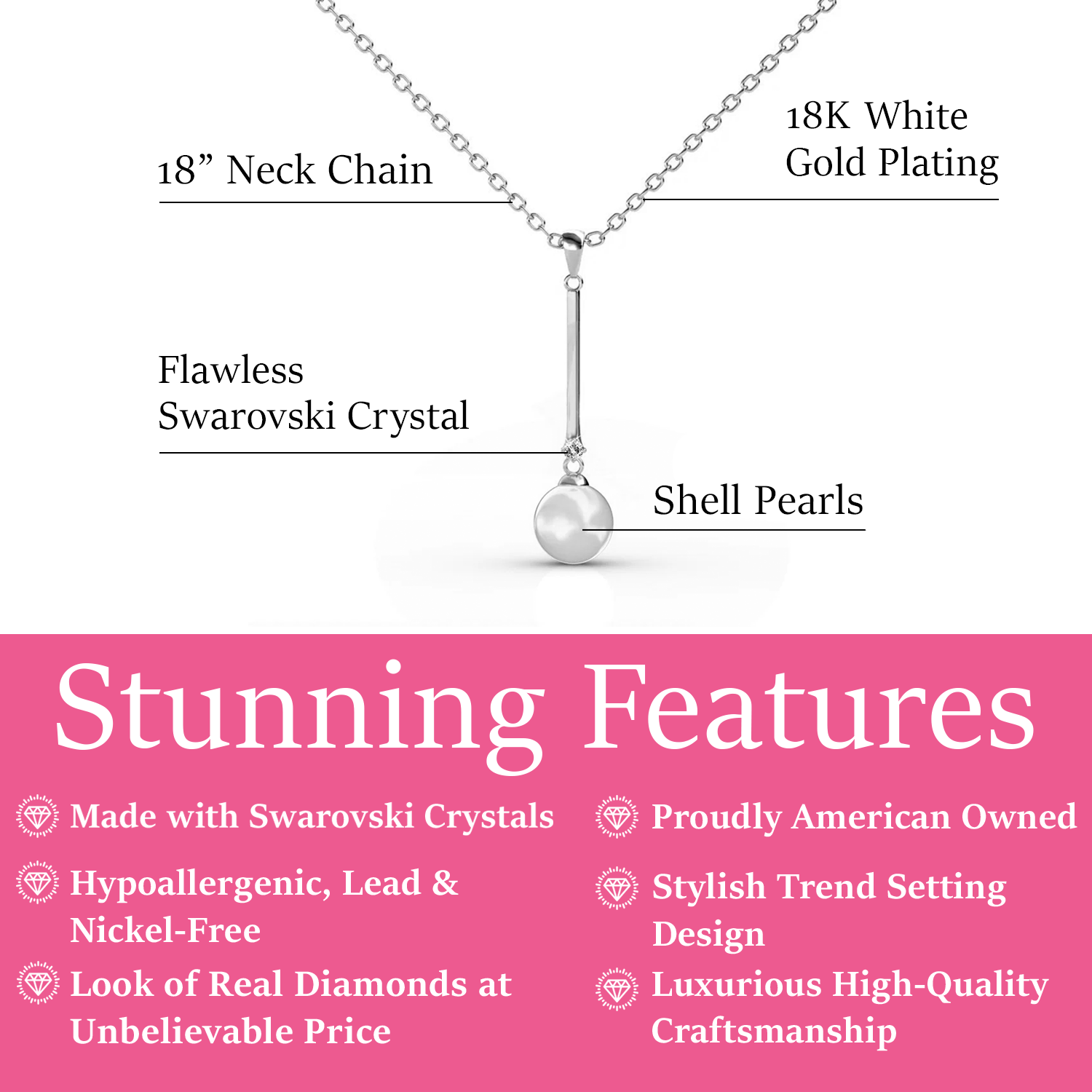 Tatum 18k White Gold Plated Pearl Pendant Necklace with Swarovski Crystals