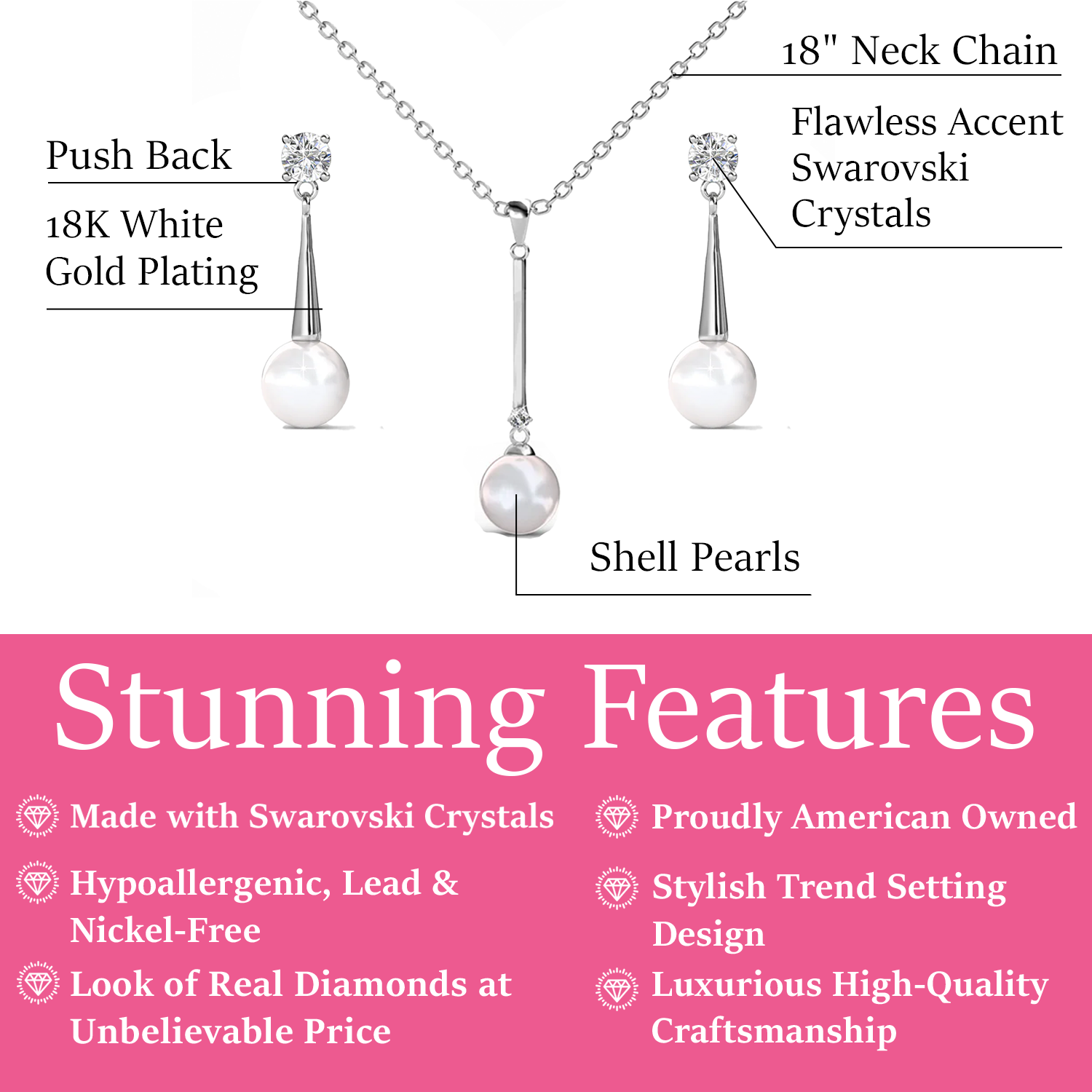 Tatum 18k White Gold Necklace and Drop Dangle Pearl Earrings Jewelry Set with Swarovski Crystals