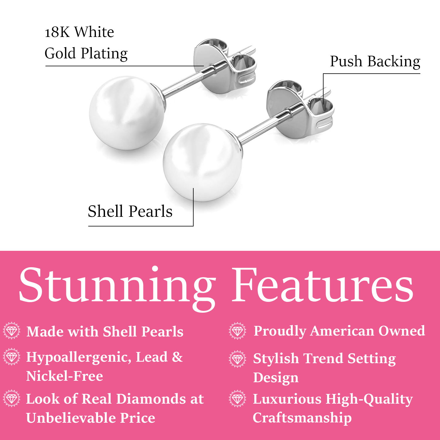 Vivienne 18k Gold Plated Pearl Stud Earrings with Swarovski Crystals