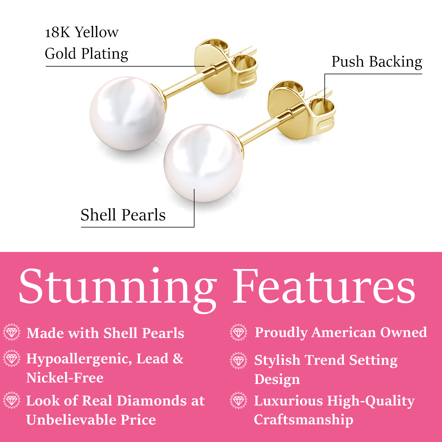 Vivienne 18k Gold Plated Pearl Stud Earrings with Swarovski Crystals