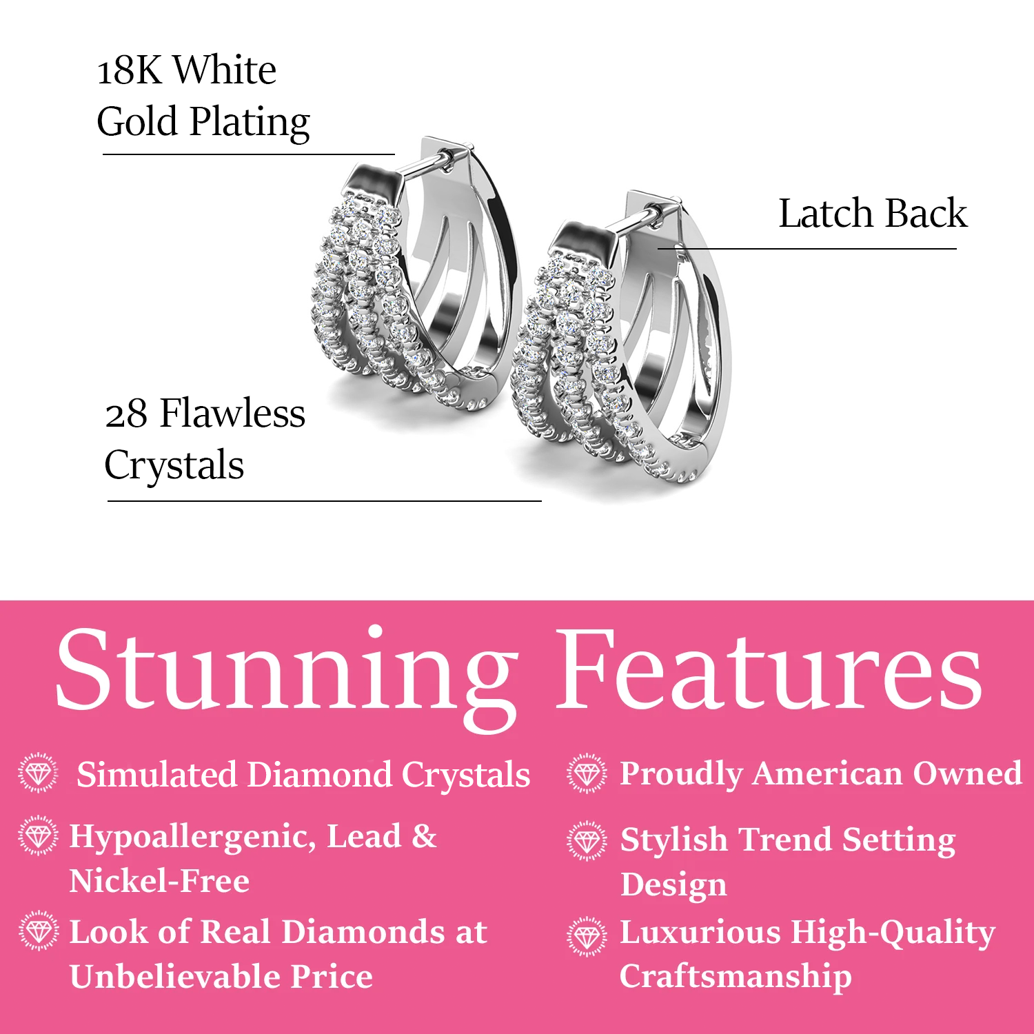 Aliyah 18k White Gold Plated 14mm Hoop Earrings with Simulated Diamond Crystals