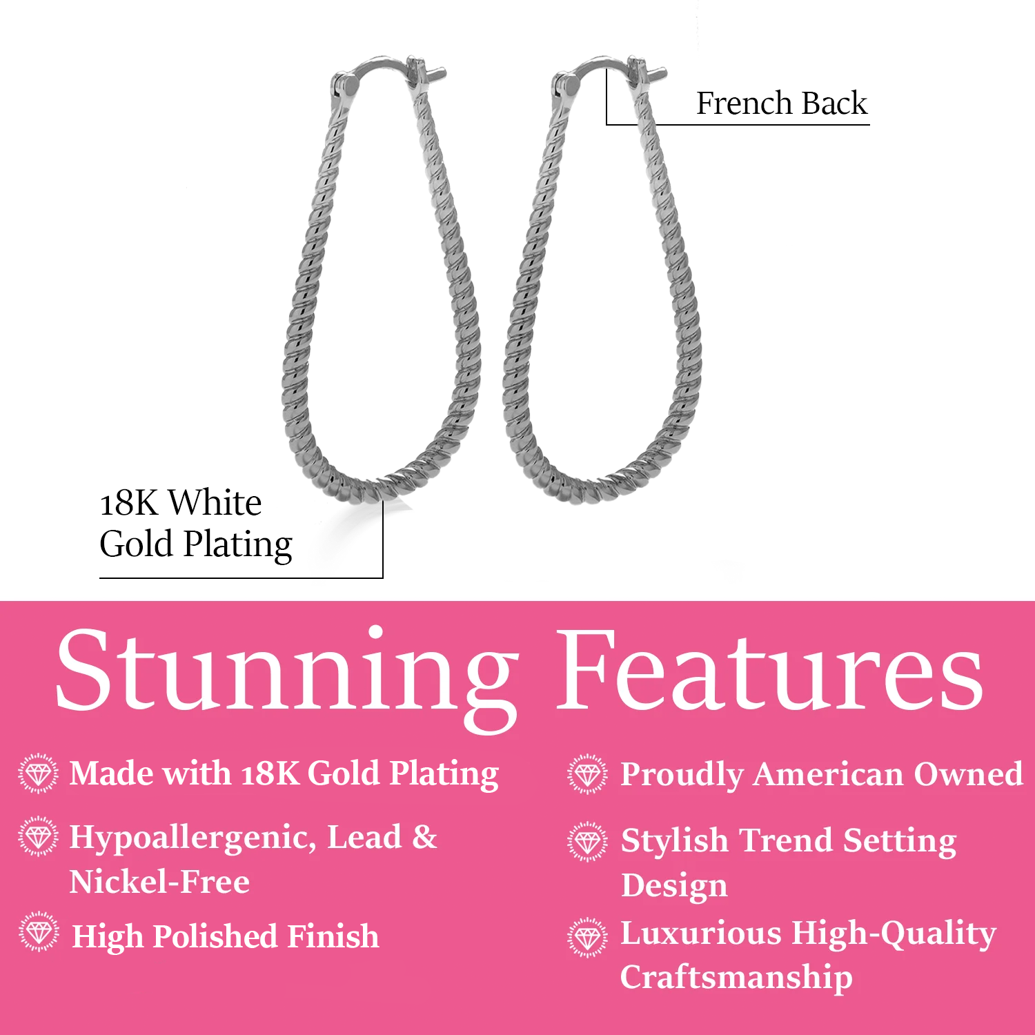 Angelica 18k White Gold Plated Twisted U-Shaped Hoop Earrings