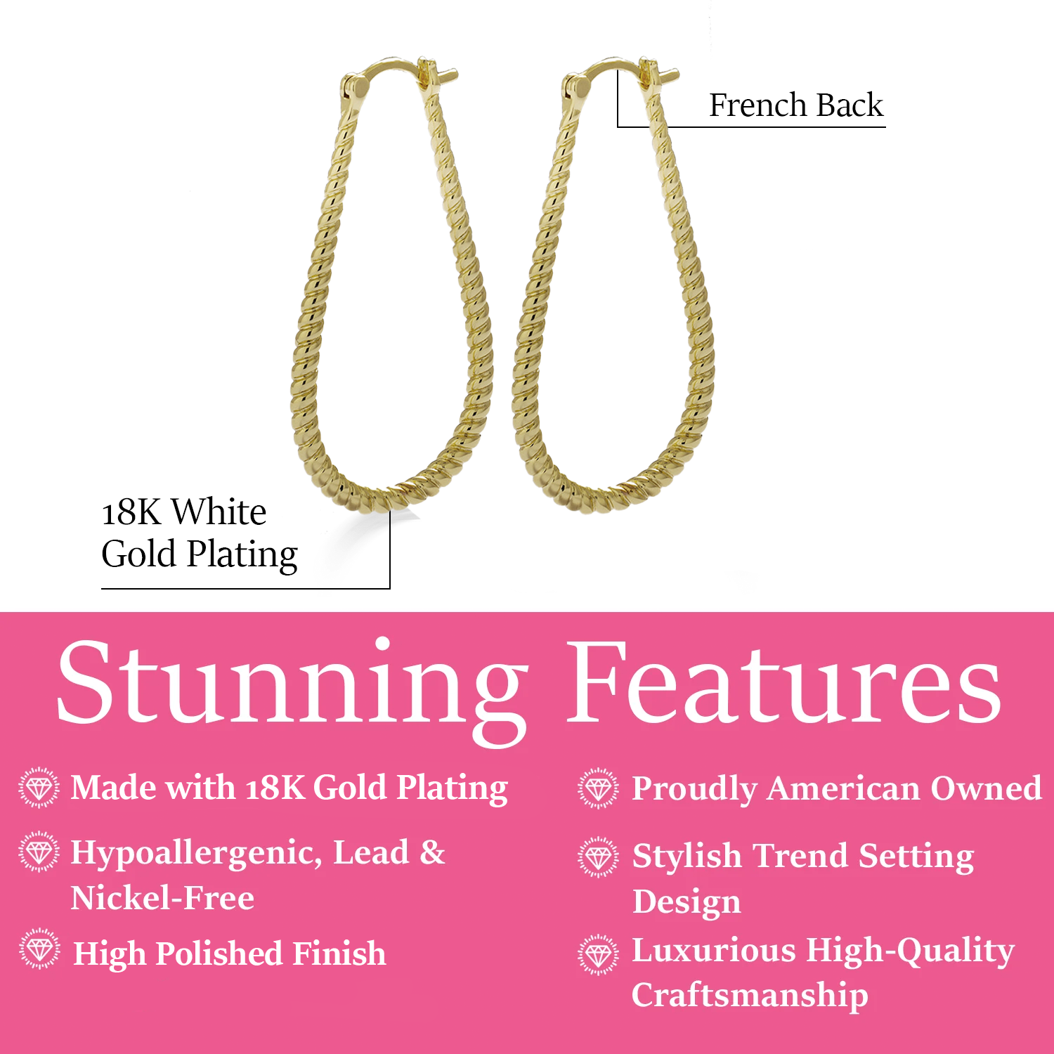 Angelica 18k White Gold Plated Twisted U-Shaped Hoop Earrings