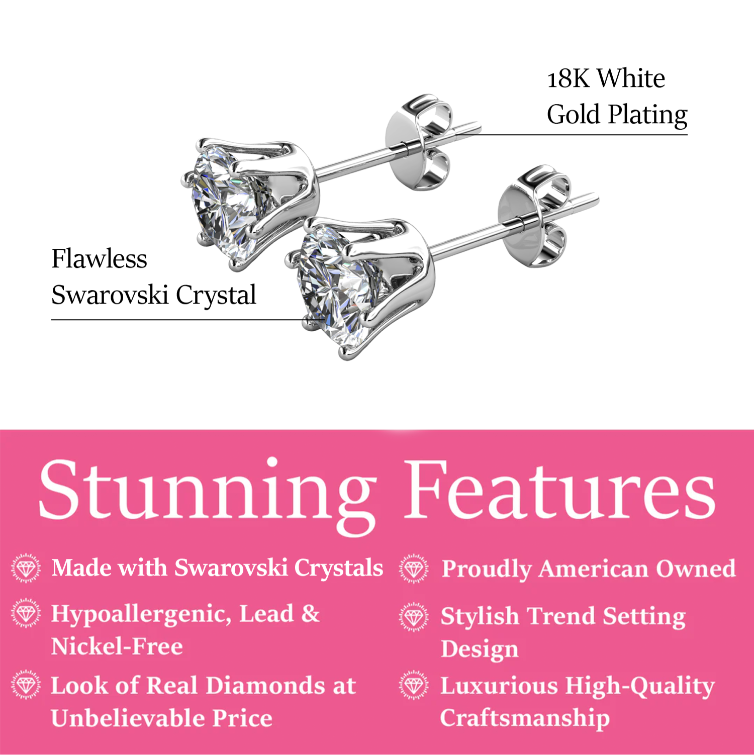 April Birthstone Earrings 18k White Gold Plated Stud Earrings with 1CT Swarovski Crystals