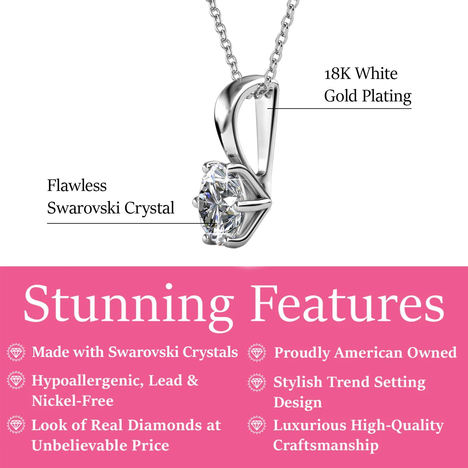 April Birthstone Diamond Necklace 18k White Gold Plated Solitaire Necklace with 1CT Swarovski Crystal