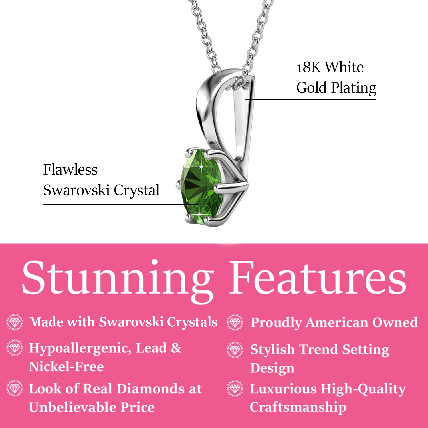 August Birthstone Peridot Necklace 18k White Gold Plated Solitaire Necklace with 1CT Swarovski Crystal