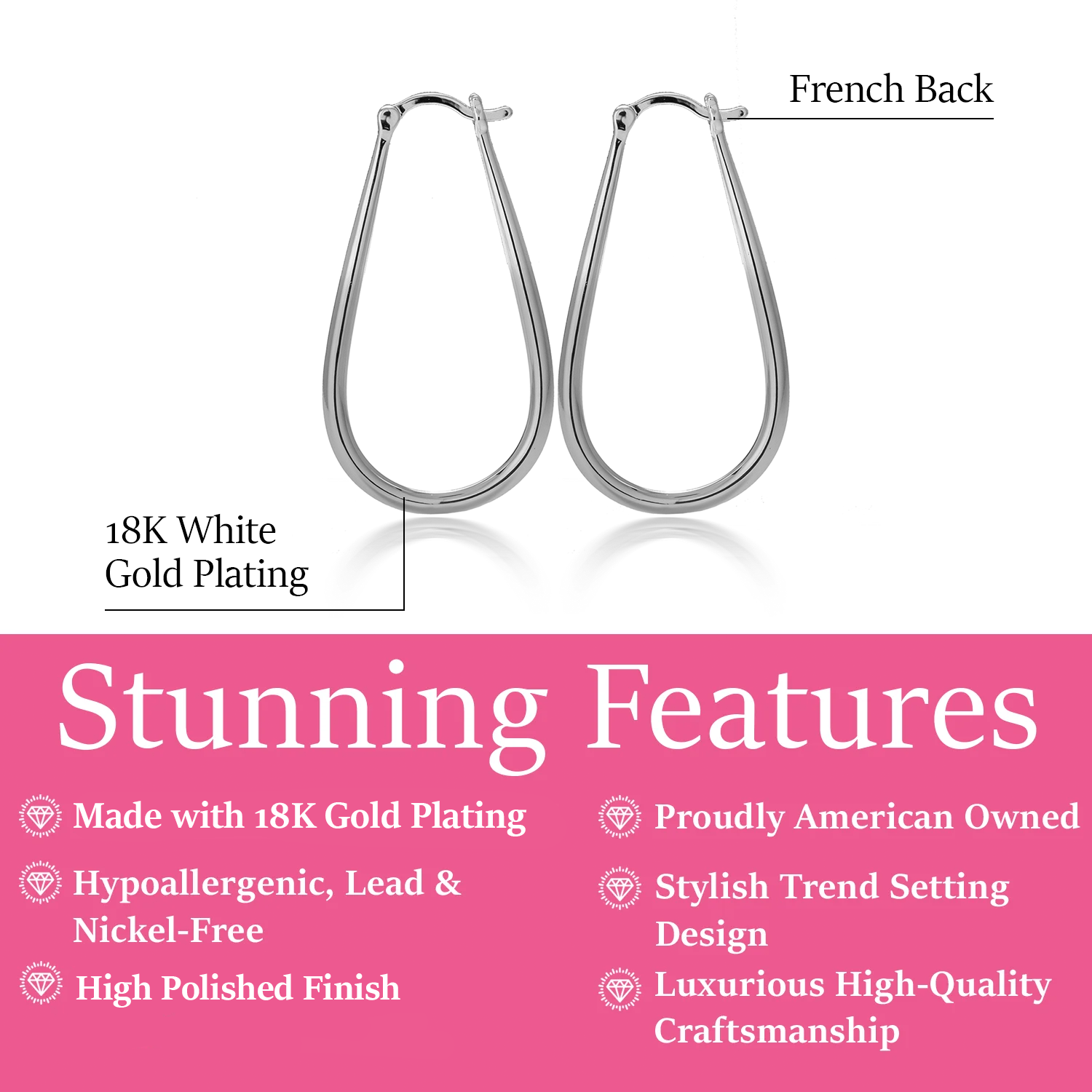 Beatrice 18k White Gold Plated U-Shaped Hoop Earrings