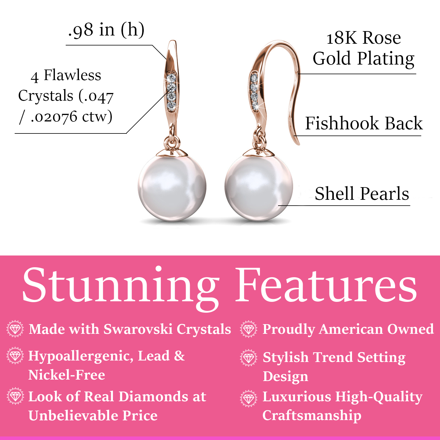 Betty 18k White Gold Plated Pearl Drop Dangle Earrings with Swarovski Crystals