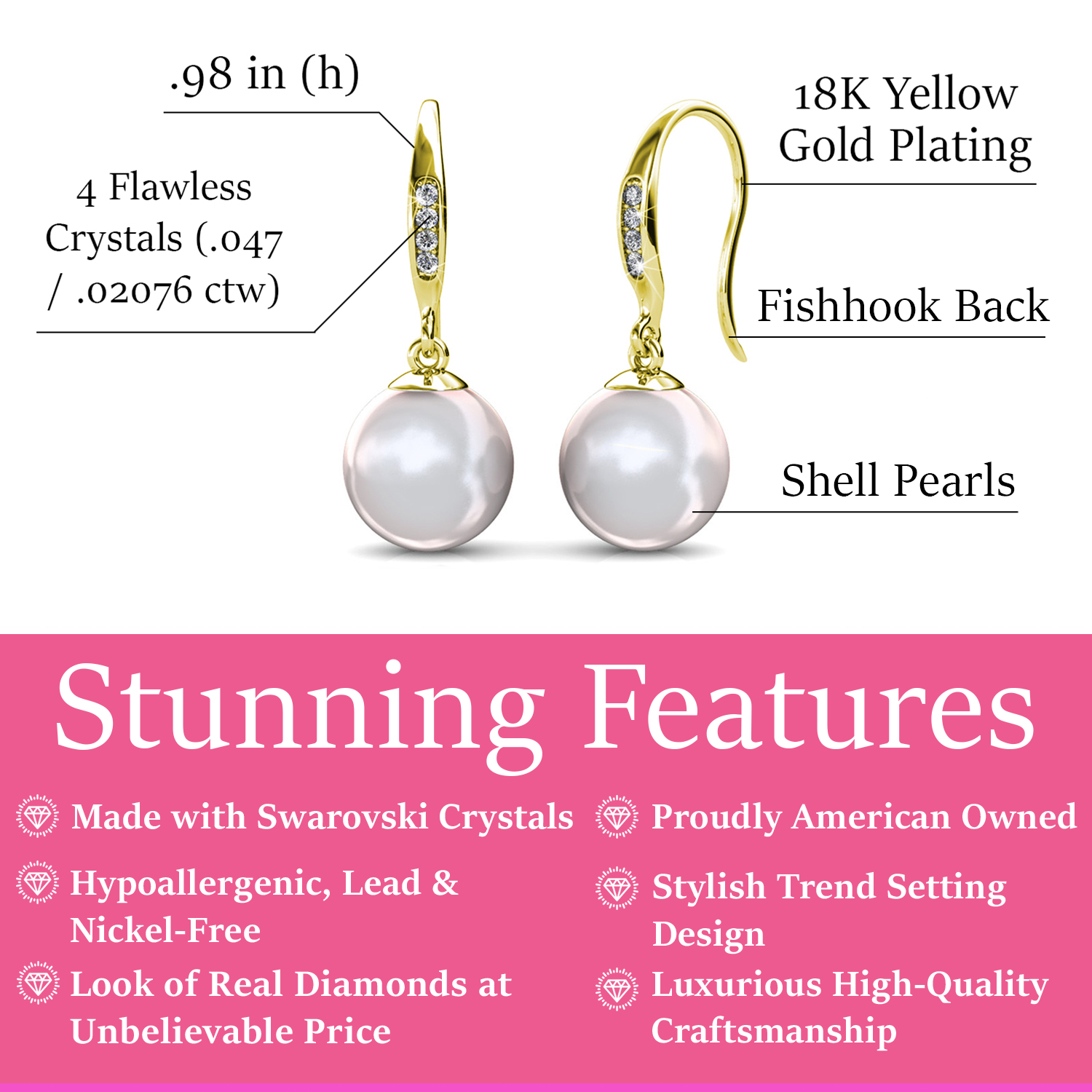 Betty 18k White Gold Plated Pearl Drop Dangle Earrings with Swarovski Crystals