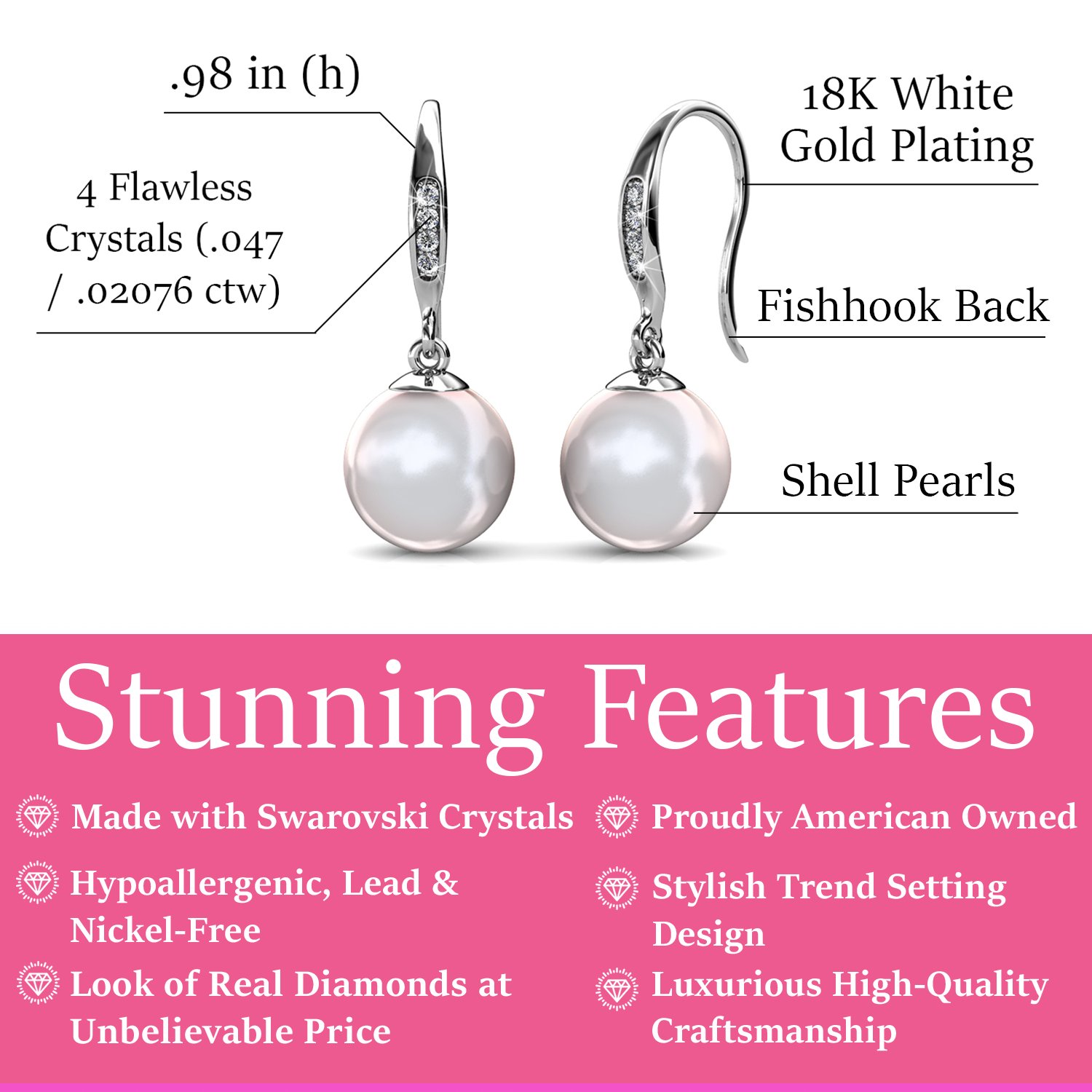 Betty 18k White Gold Plated Pearl Drop Dangle Earrings with Swarovski Crystals