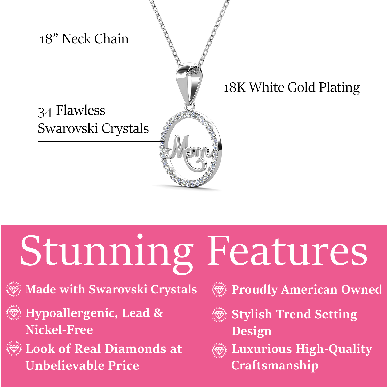 Brandy 18k White Gold Plated Circle Mom Necklace with Swarovski Crystals