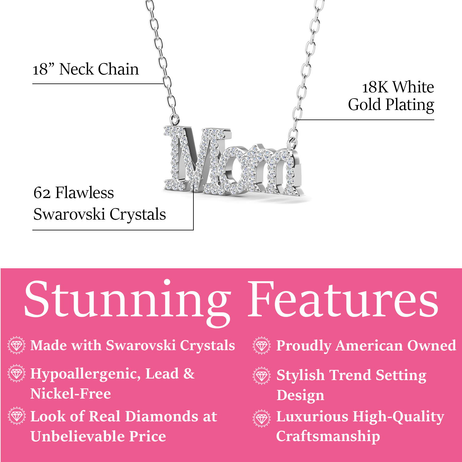 Carrie 18k White Gold Plated Mom Necklace with Swarovski Crystals