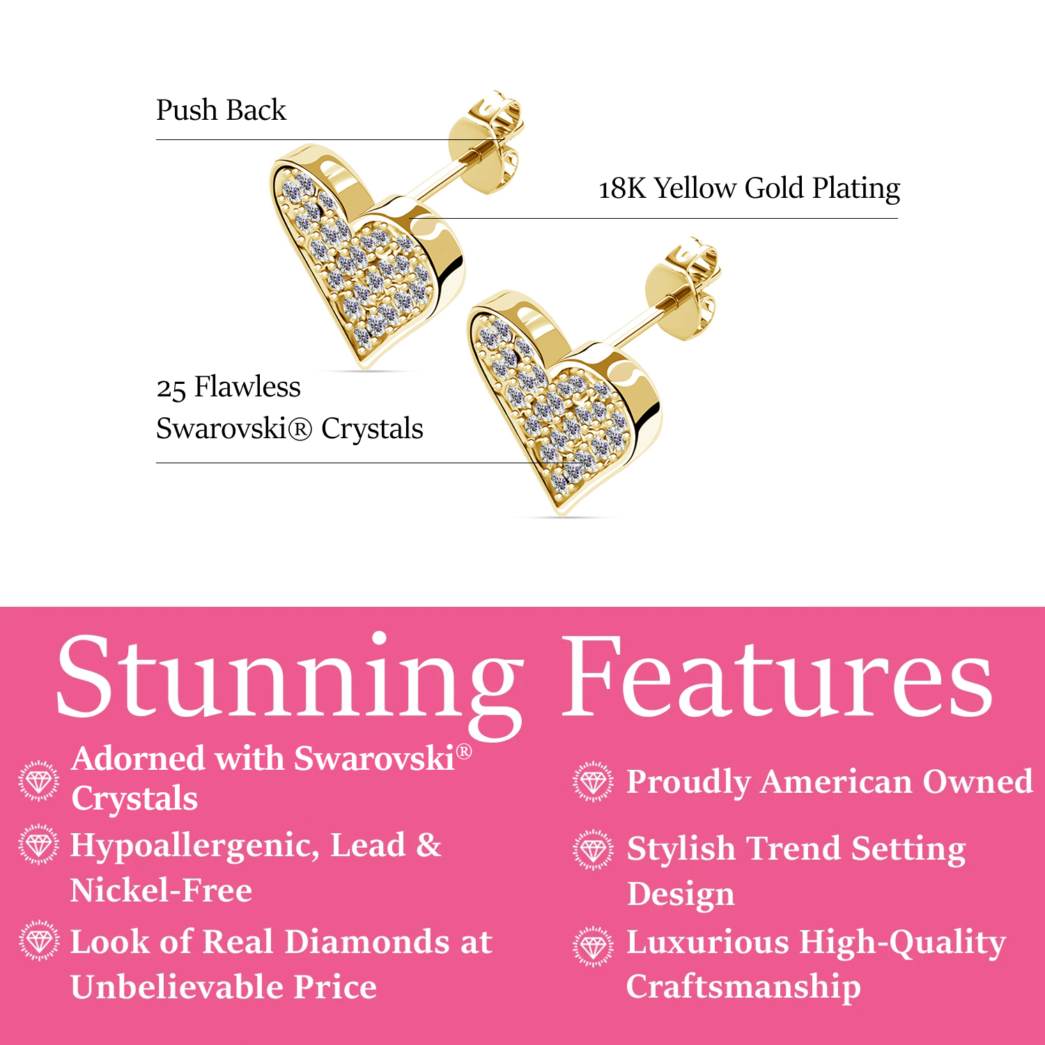 Cecilia 18k White Gold Plated Silver Heart Stud Earrings with Swarovski Crystals