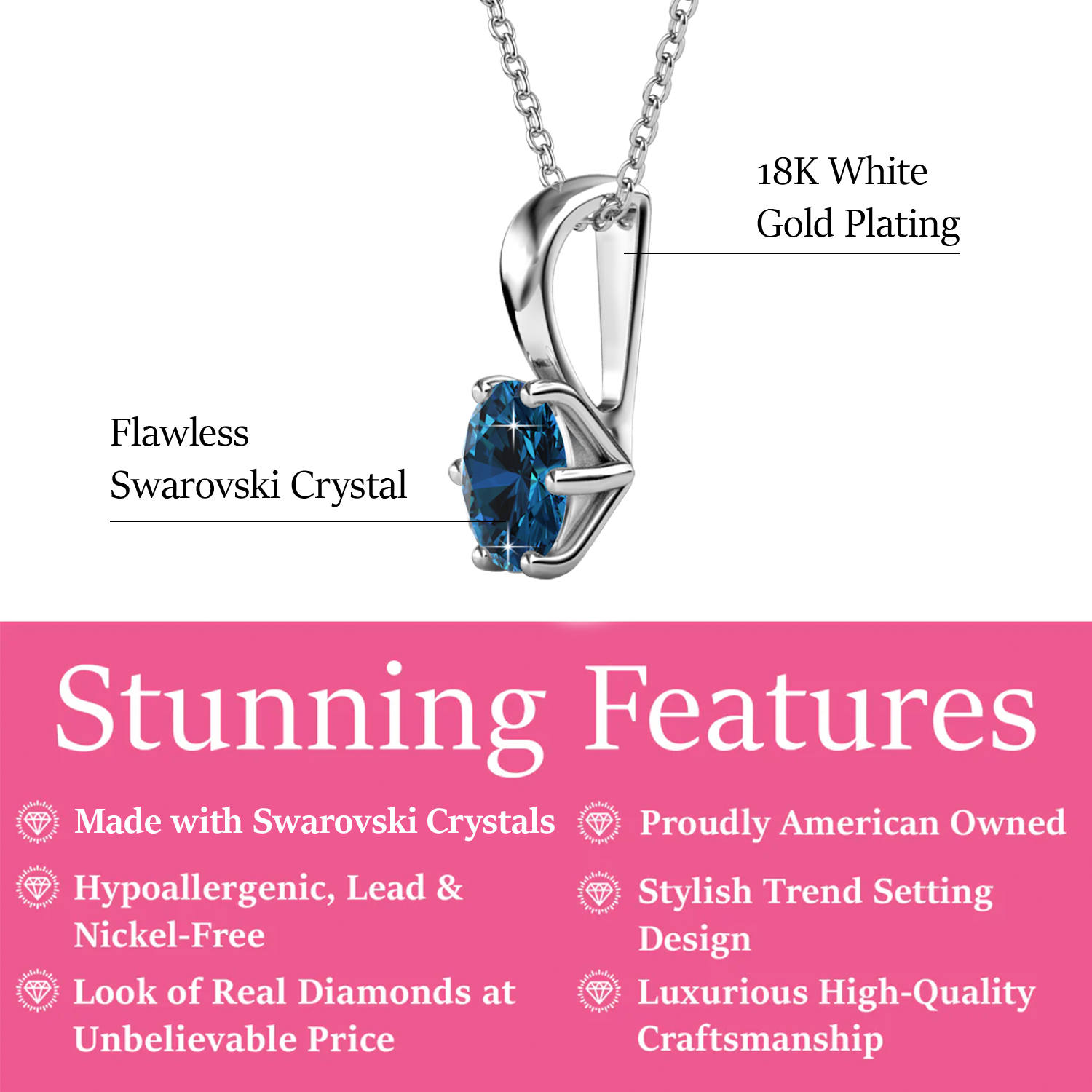 December Birthstone Blue Topaz Necklace 18k White Gold Plated Solitaire Necklace with 1CT Swarovski Crystal