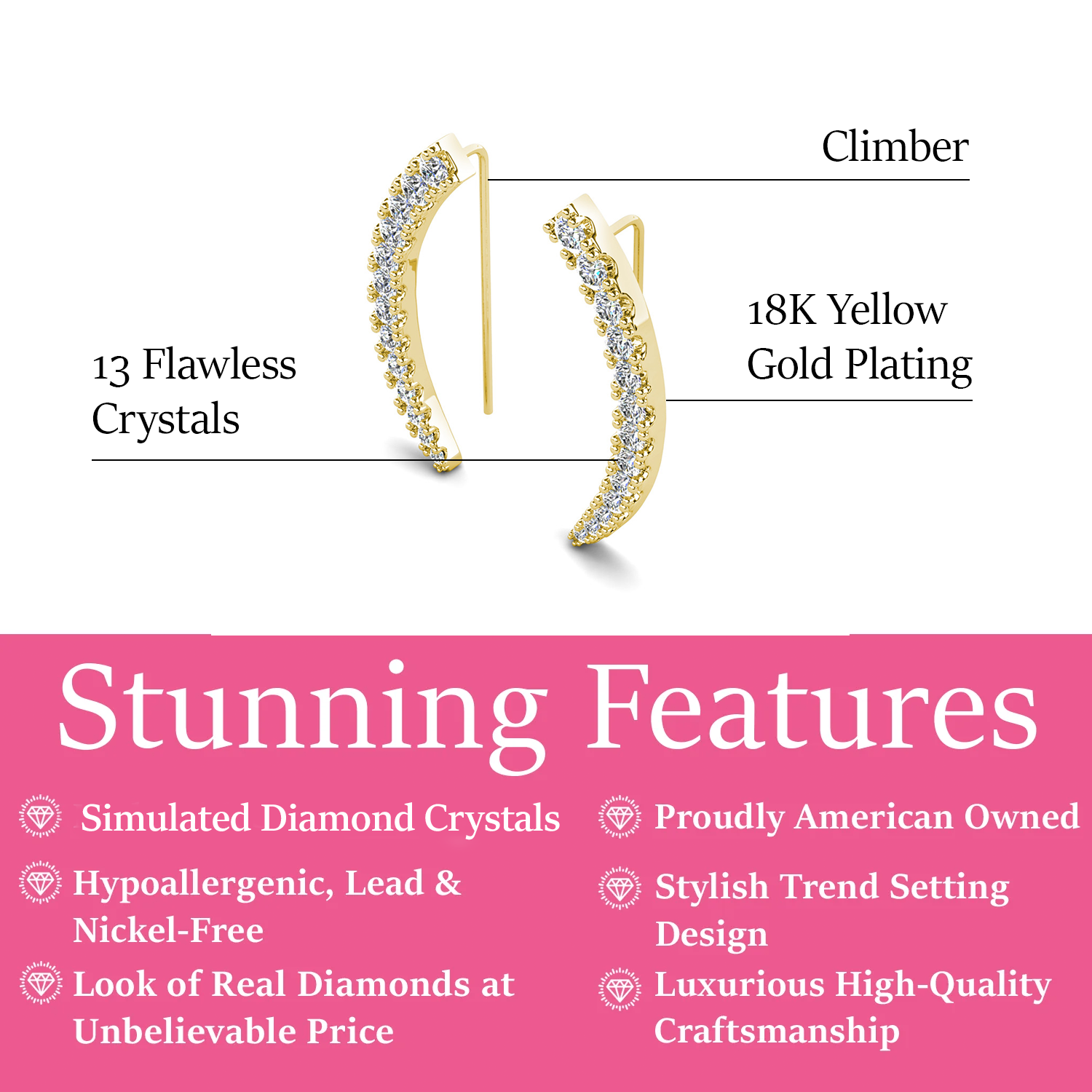 Camila 18k White Gold Plated Ear Climber Earrings with Simulated Diamond Crystals
