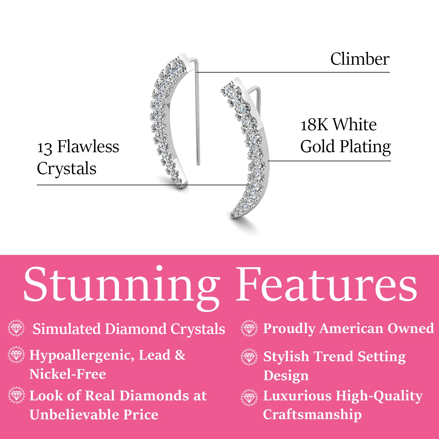 Camila 18k White Gold Plated Ear Climber Earrings with Simulated Diamond Crystals