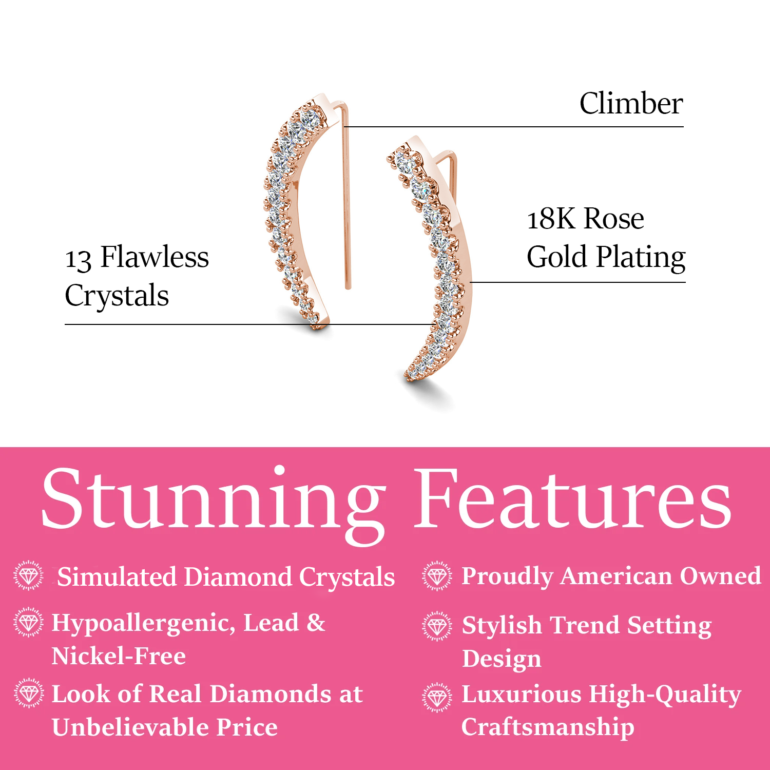 Camila 18k White Gold Plated Ear Climber Earrings with Simulated Diamond Crystals
