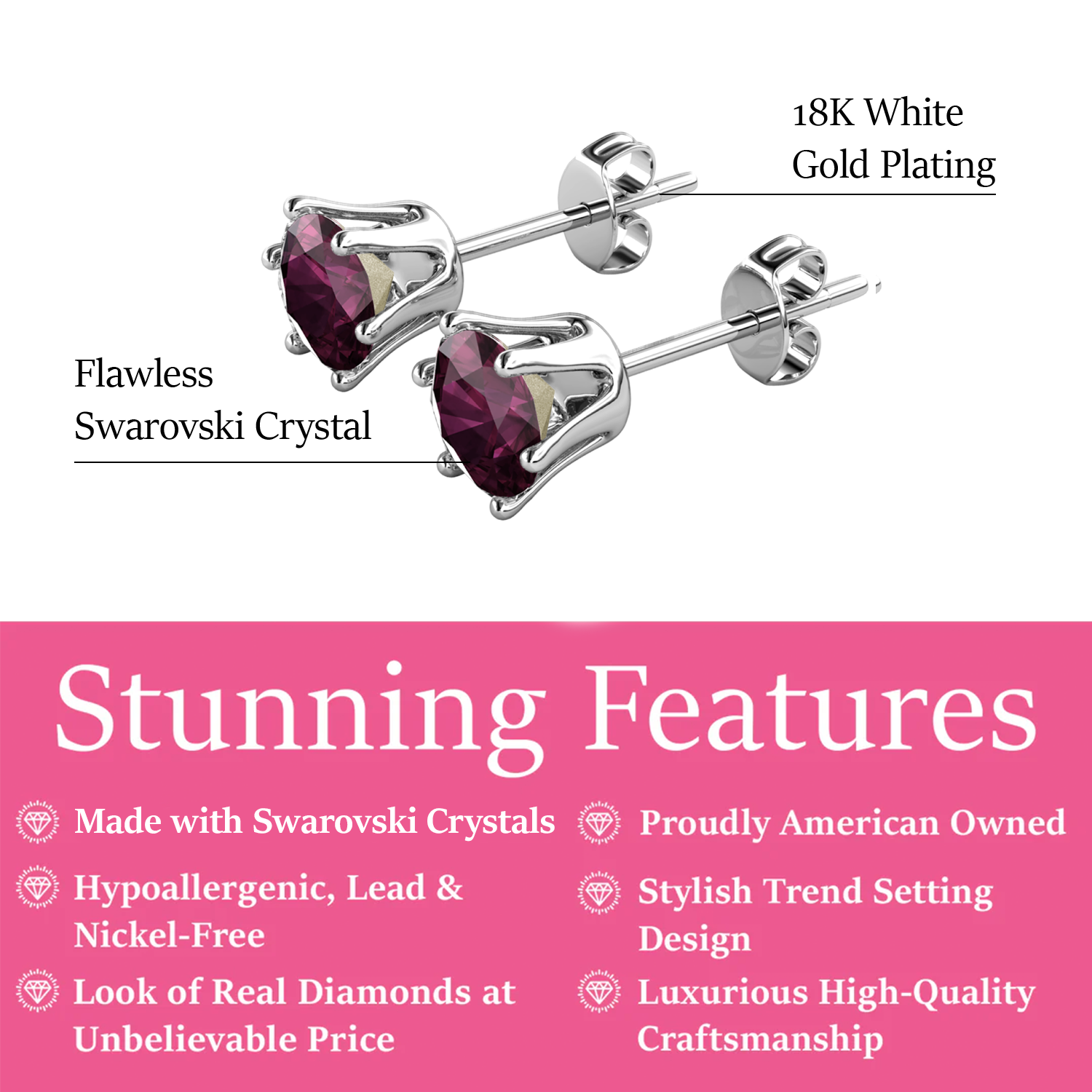 February Birthstone Amethyst Earrings 18k White Gold Plated Stud Earrings with 1CT Swarovski Crystal