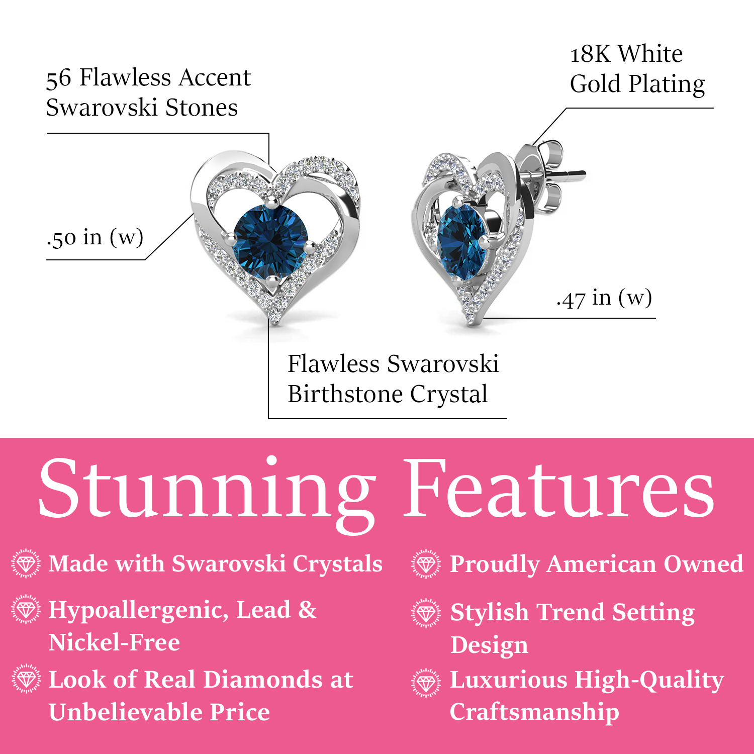 Forever 18k White Gold Plated Birthstone Double Heart Earrings with Crystals