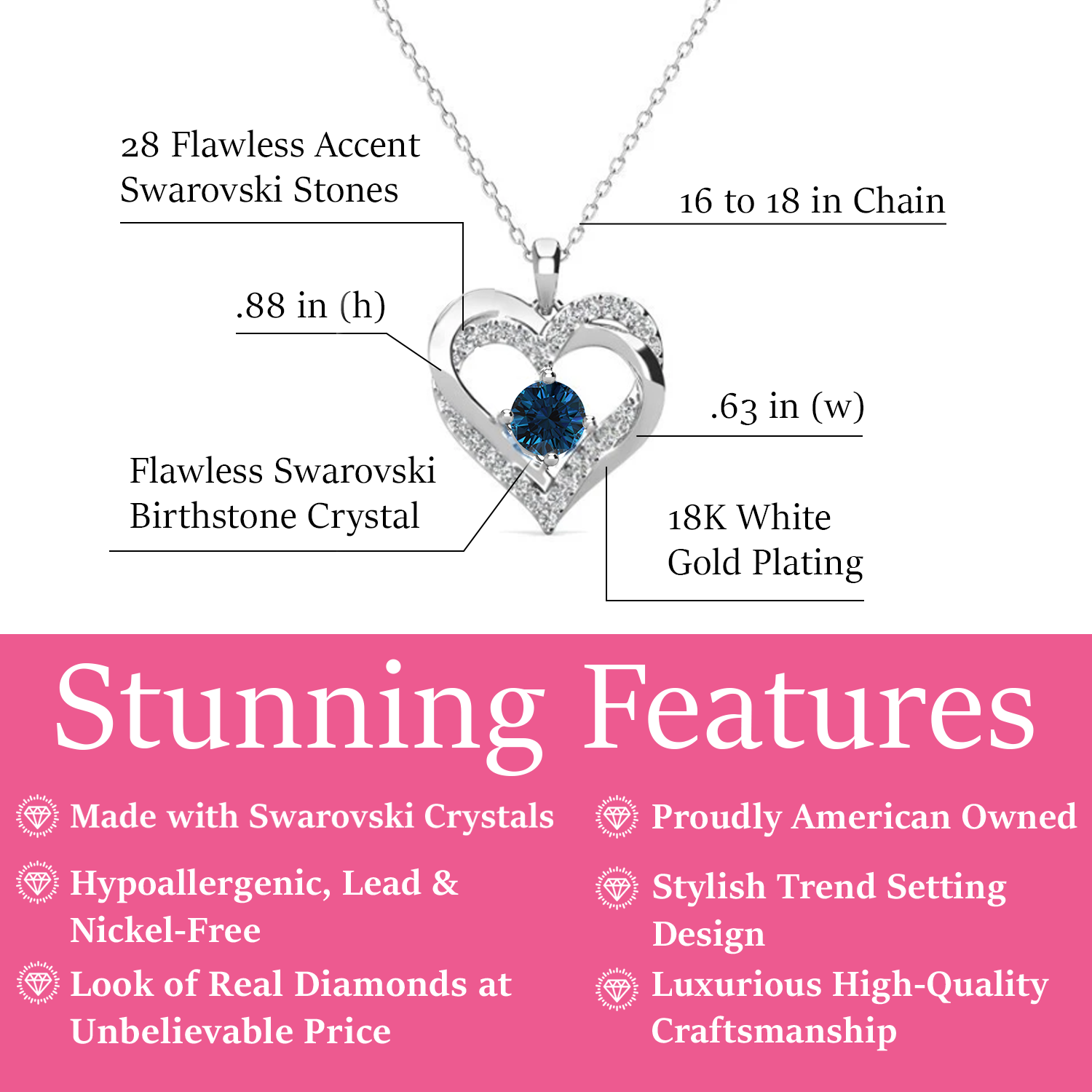 Forever December Birthstone 18k White Gold Plated Silver Double Heart Diamond Necklace with Swarovski Crystals