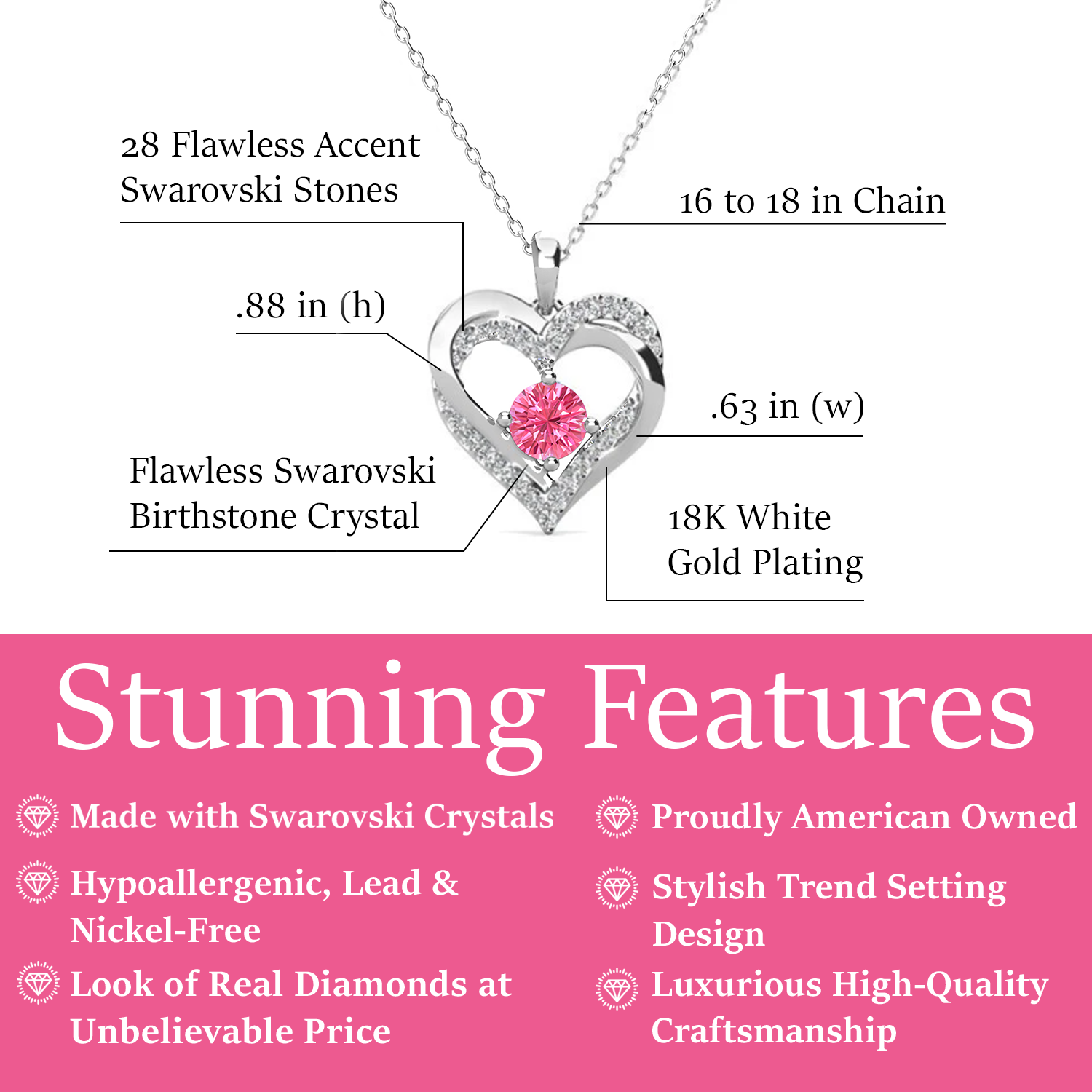 Forever October Birthstone 18k White Gold Plated Silver Double Heart Diamond Necklace with Swarovski Crystals