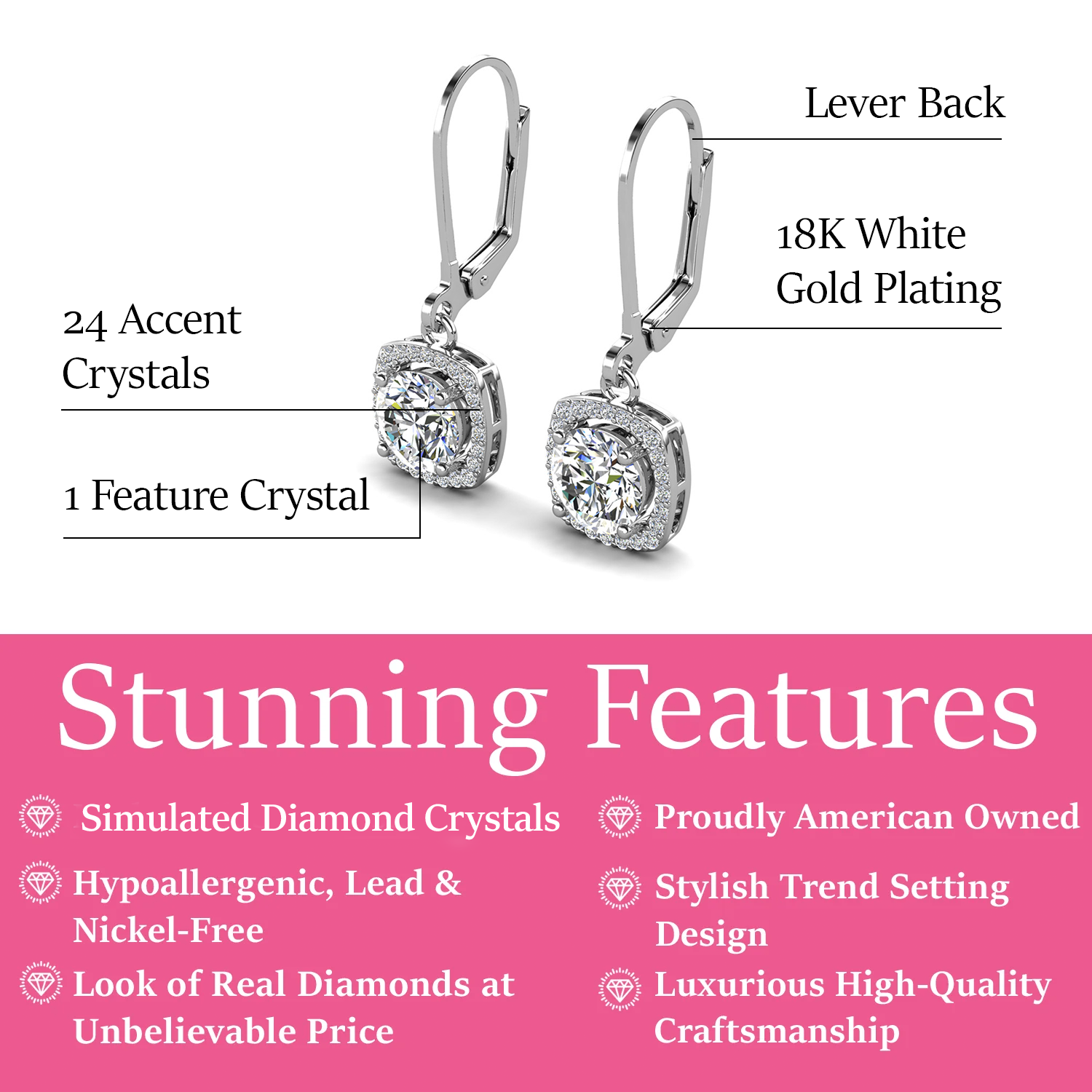 Freya 18k White Gold Plated Halo Drop Earrings with Simulated Diamond Crystals