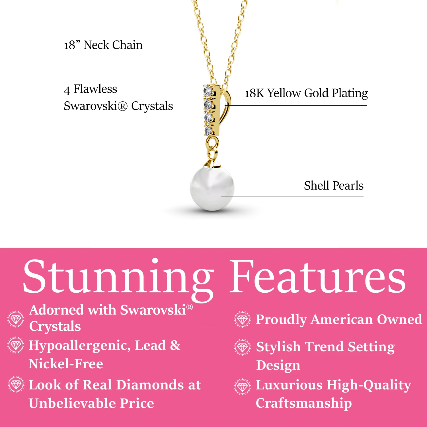 Gabrielle 18k White Gold Pearl Drop Pendant Necklace with Swarovski Crystals