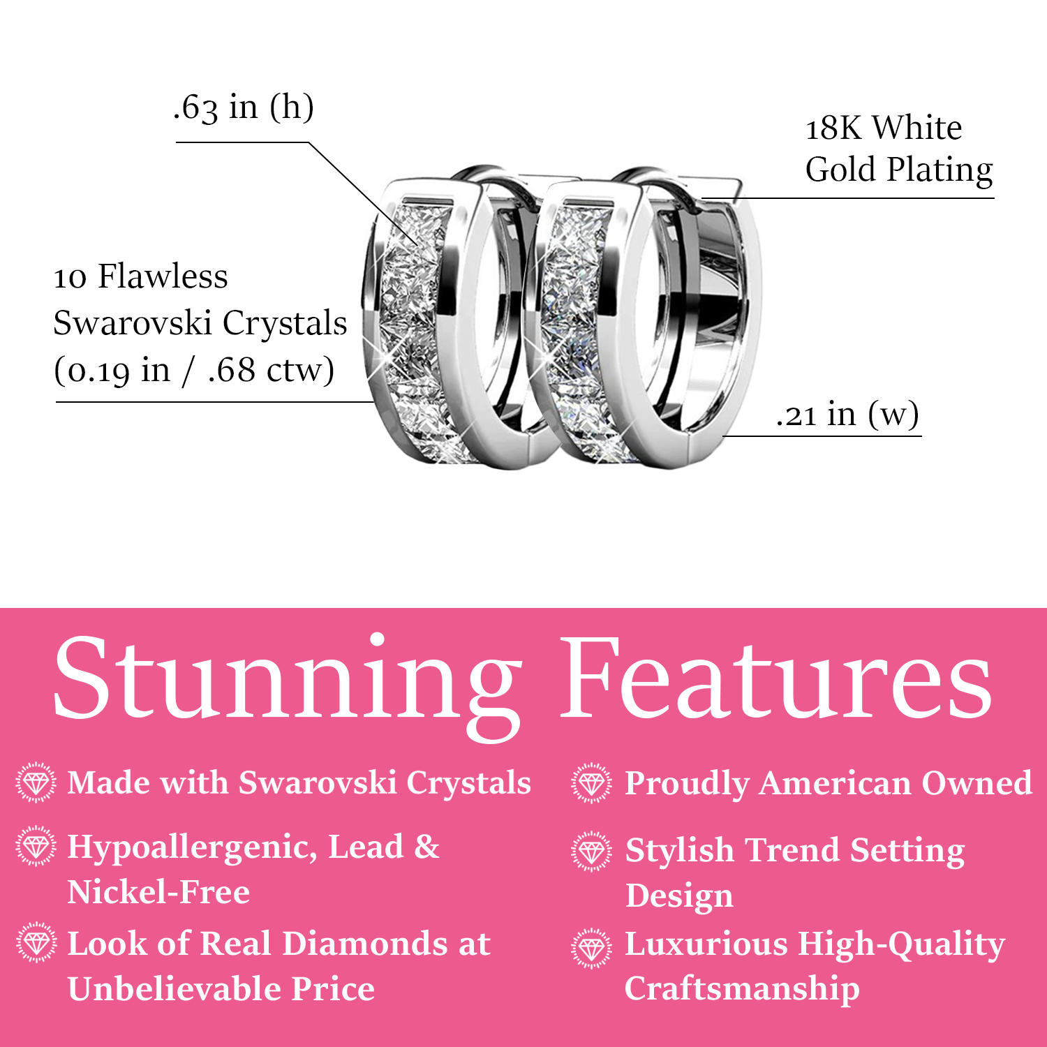 Pack of 3 - Giselle 18k Gold Plated 15mm Hoop Crystal Earrings with Swarovski Crystal