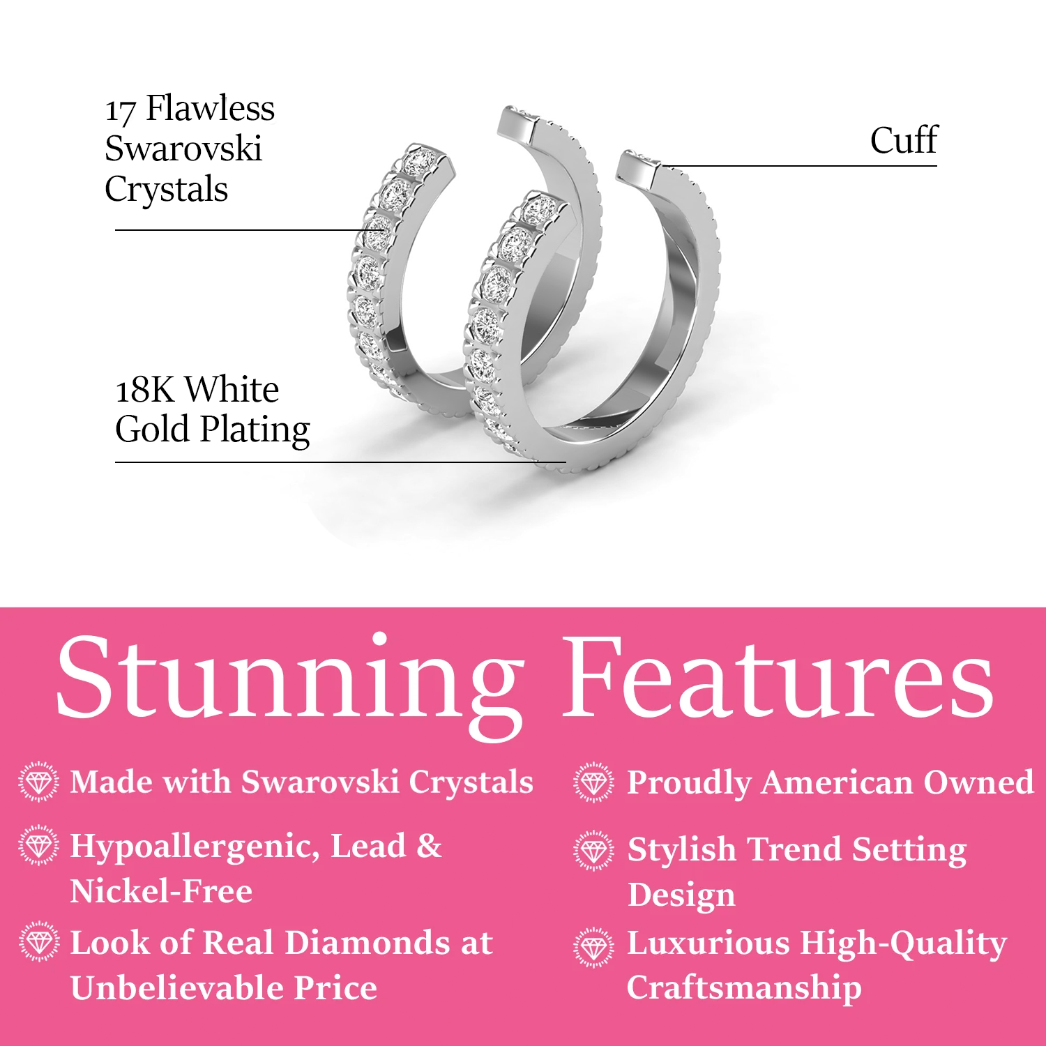 Gloria 18k White Gold Plated Hoop Ear Cuff with Swarovski Crystals