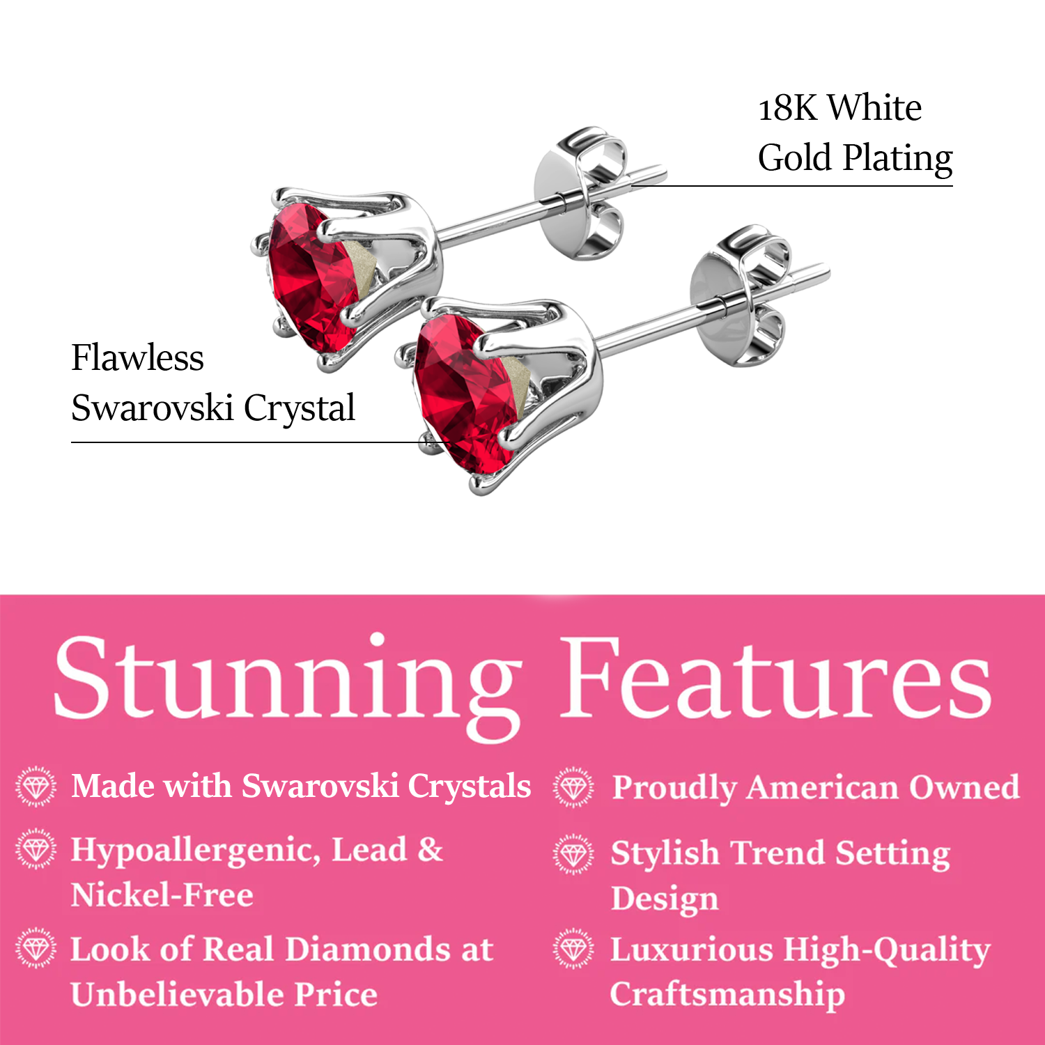 January Birthstone Garnet Earrings 18k White Gold Plated Stud Earrings with 1CT Swarovski Crystal