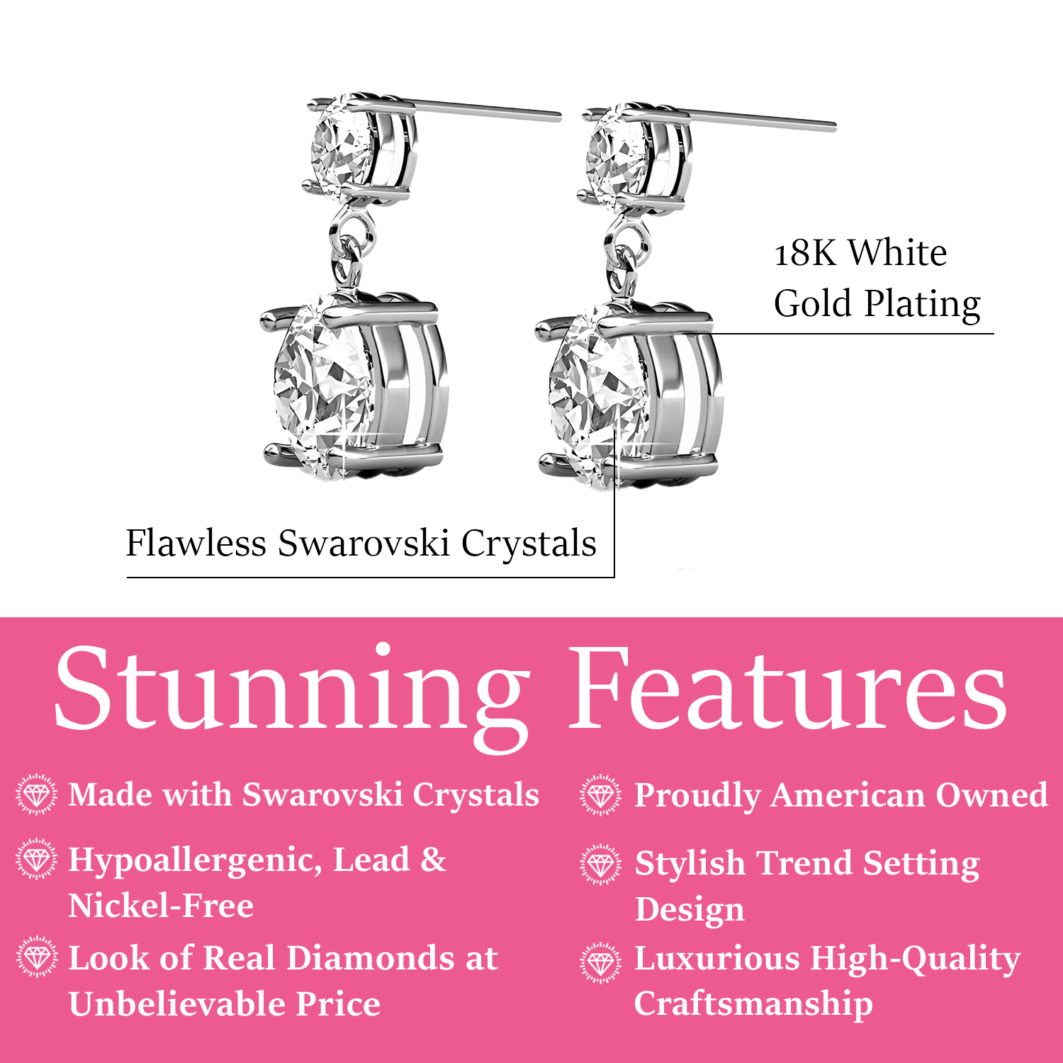 Jasmine 18k White Gold Plated Drop Earrings with Swarovski Crystals