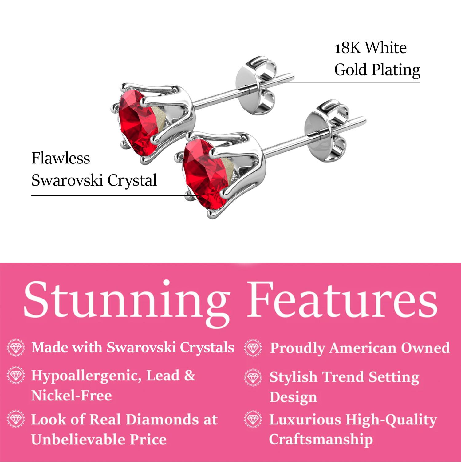 July Birthstone Ruby Earrings, 18k White Gold Plated Stud Earrings with 1CT Swarovski Crystal