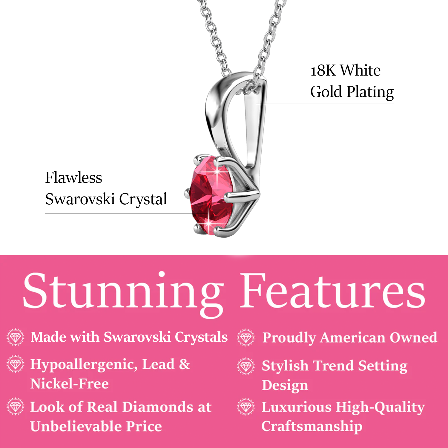 July Birthstone Ruby Necklace 18k White Gold Plated Solitaire Necklace with 1CT Swarovski Crystal