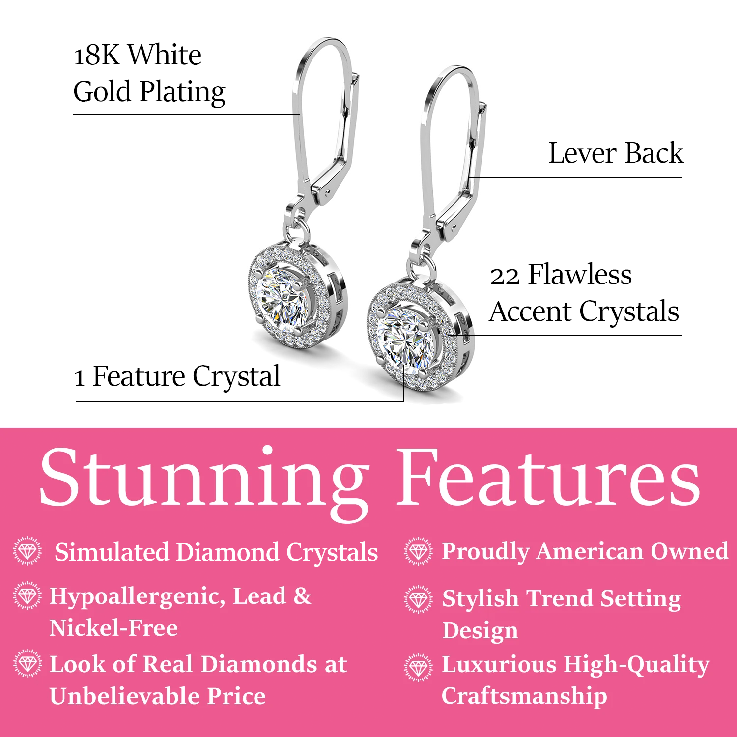 Juliana 18k White Gold Plated Halo Dangle Earrings with Round Cut Simulated Diamond Crystals