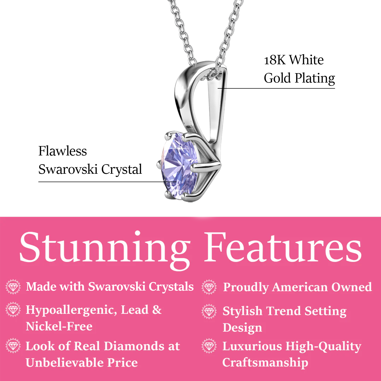 June Birthstone Alexandrite Necklace 18k White Gold Plated Solitaire Necklace with 1CT Swarovski Crystal