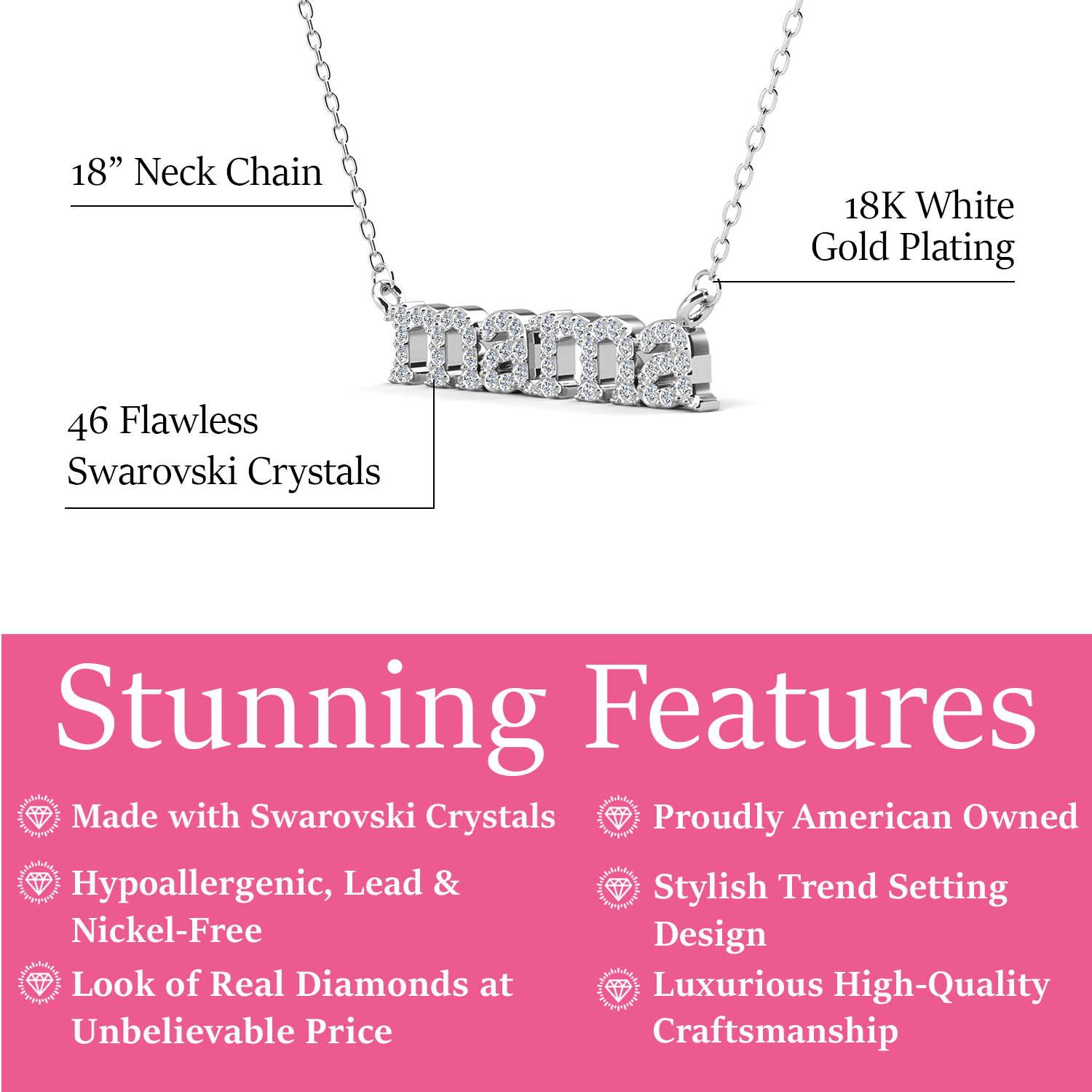 Kelly 18k White Gold Plated Mama Necklace with Swarovski Crystals