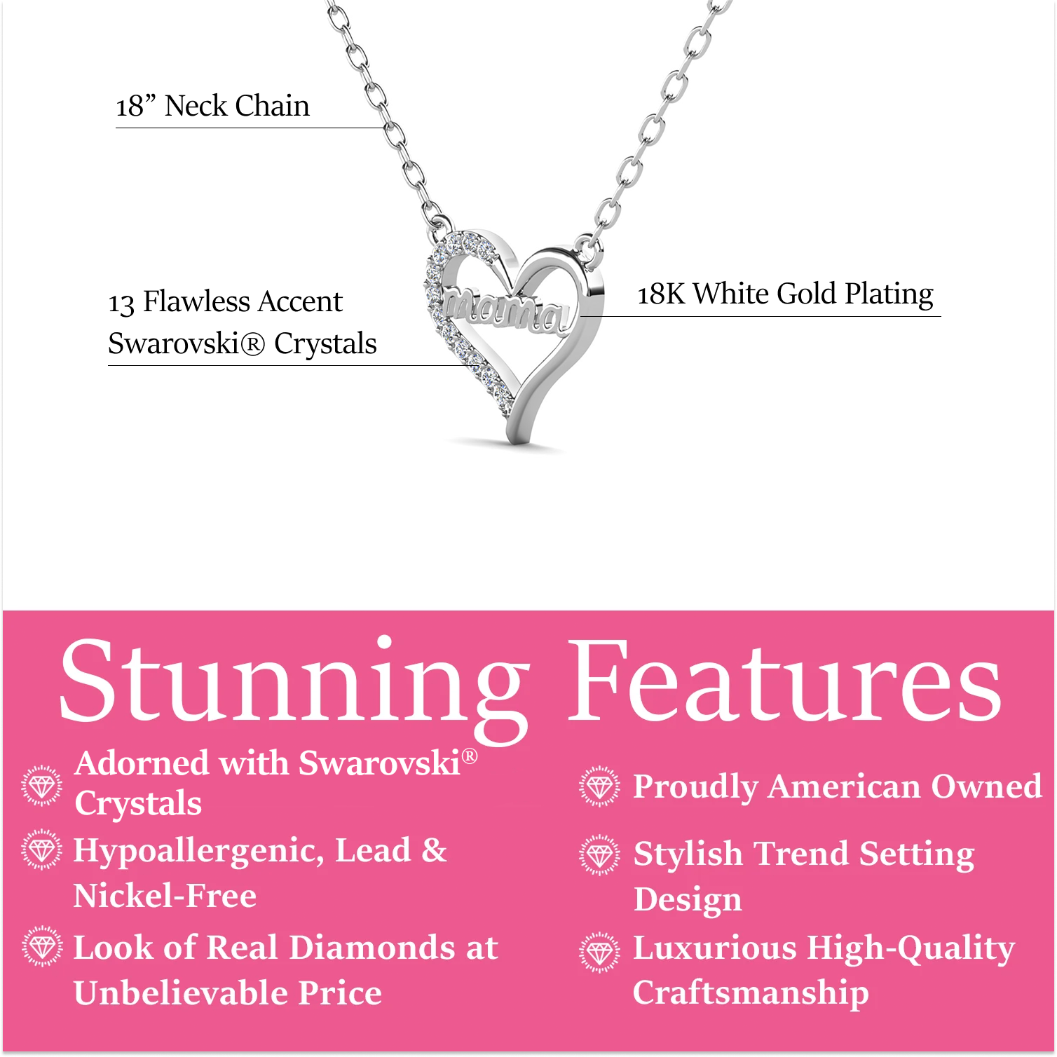 Louise 18k White Gold Plated Mama Heart Necklace with Swarovski Crystals