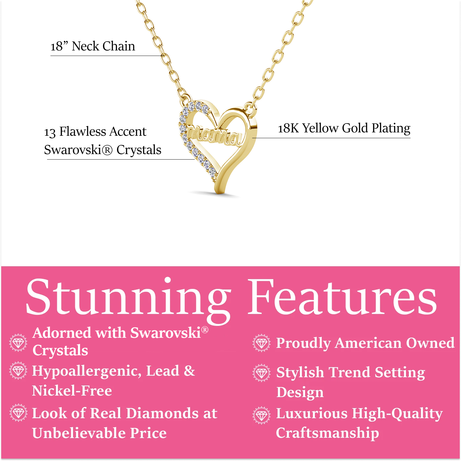 Louise 18k White Gold Plated Mama Heart Necklace with Swarovski Crystals