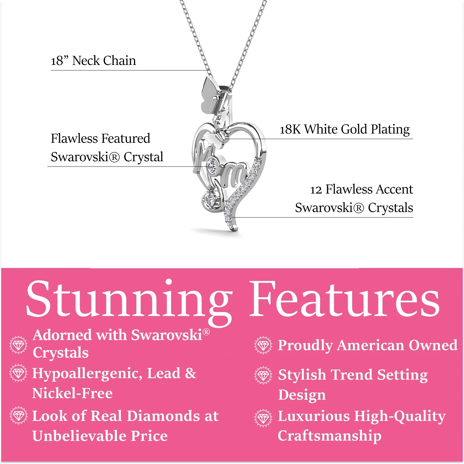 Mabel 18k White Gold Plated Mom Heart Pendant Necklace with Swarovski Crystals