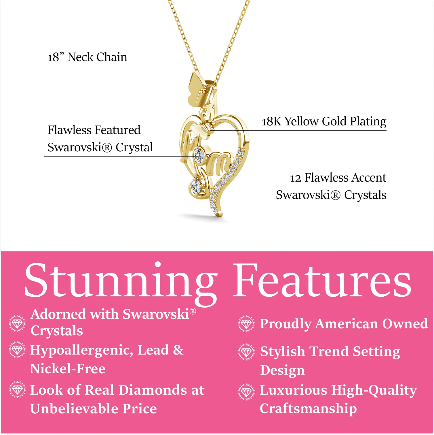 Mabel 18k White Gold Plated Mom Heart Pendant Necklace with Swarovski Crystals