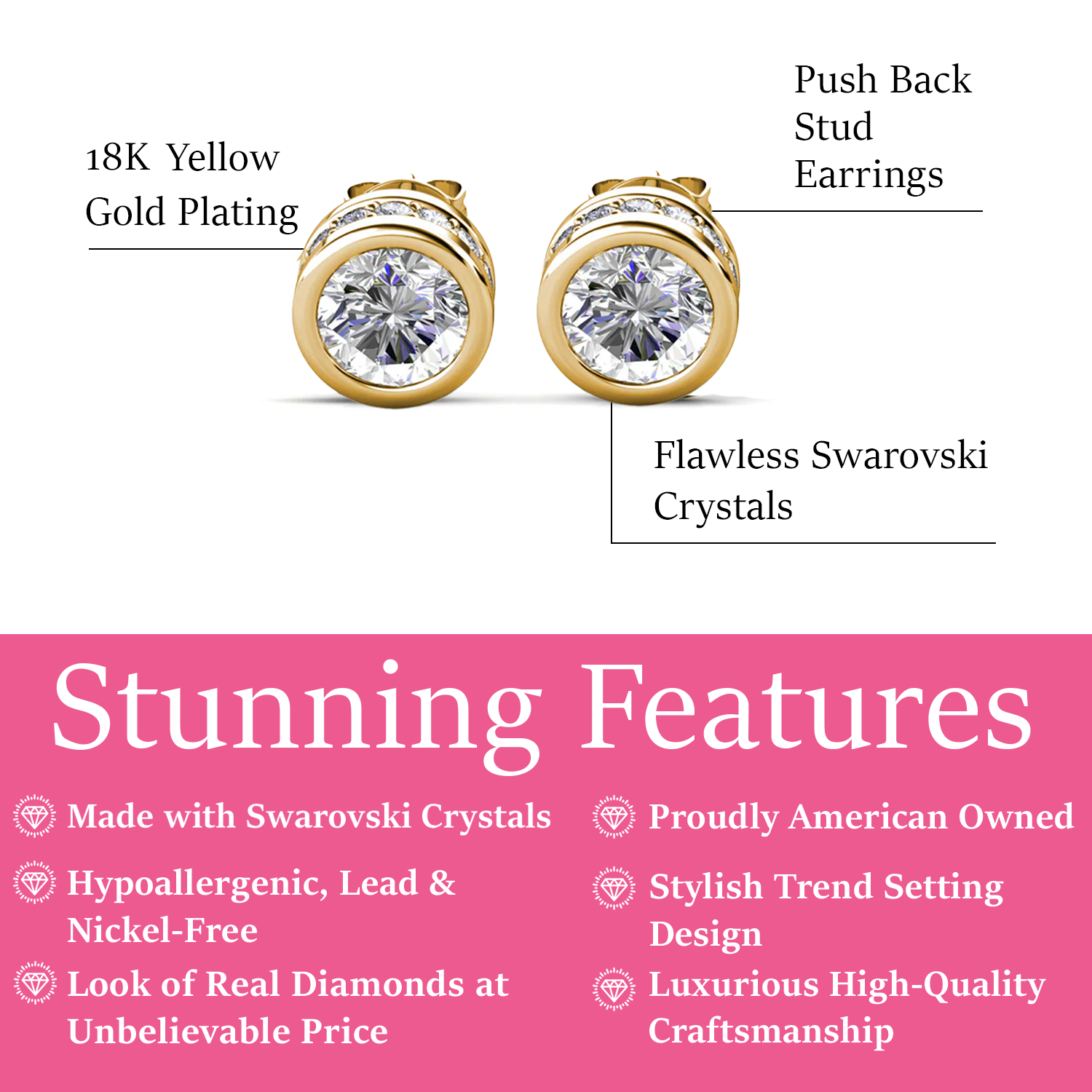 Mae 18k White Gold Plated Stud Earrings with Round Cut Swarovski Crystals