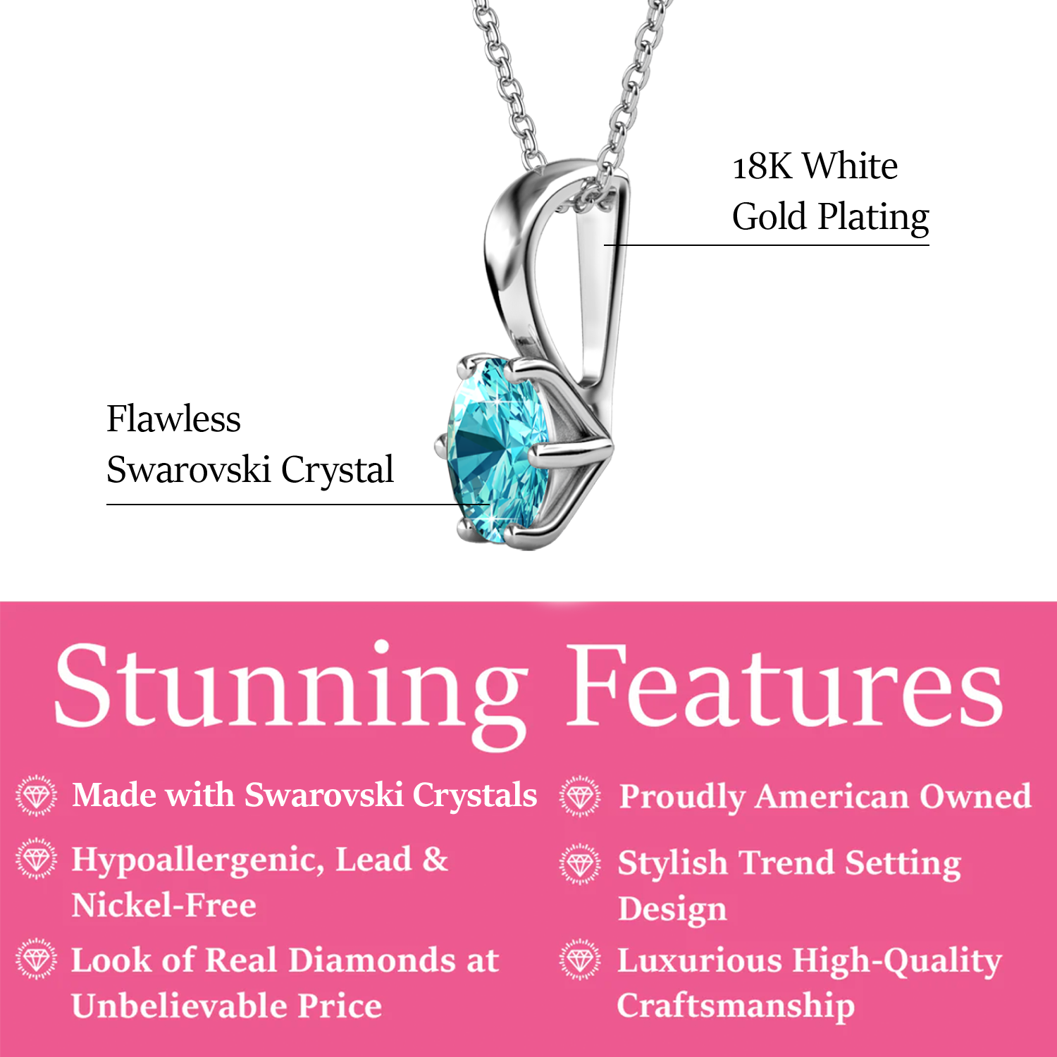 March Birthstone Aquamarine Necklace 18k White Gold Plated Solitaire Necklace with 1CT Swarovski Crystal