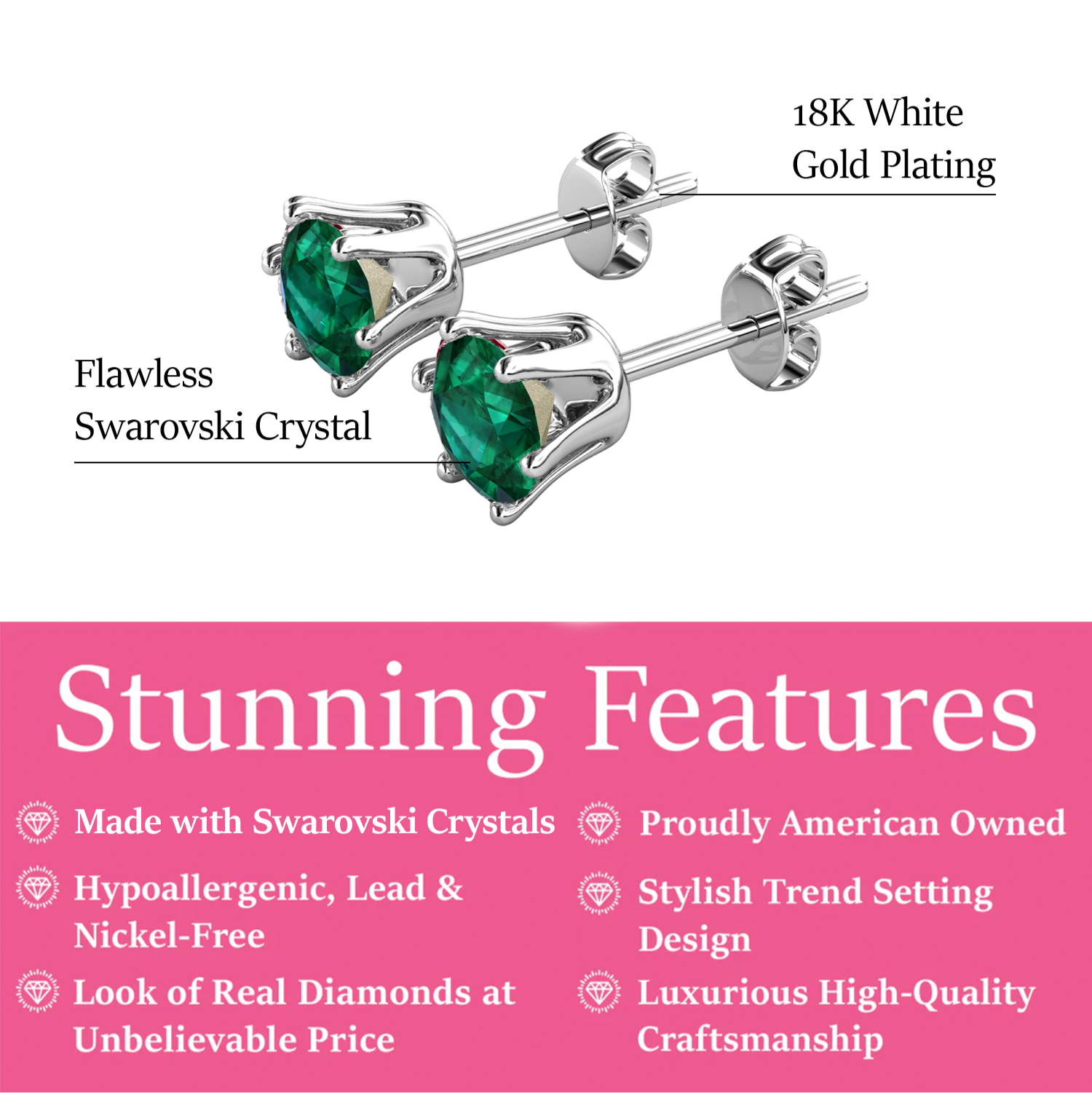 May Birthstone Emerald Earrings 18k White Gold Plated Stud Earrings with 1CT Swarovski Crystal